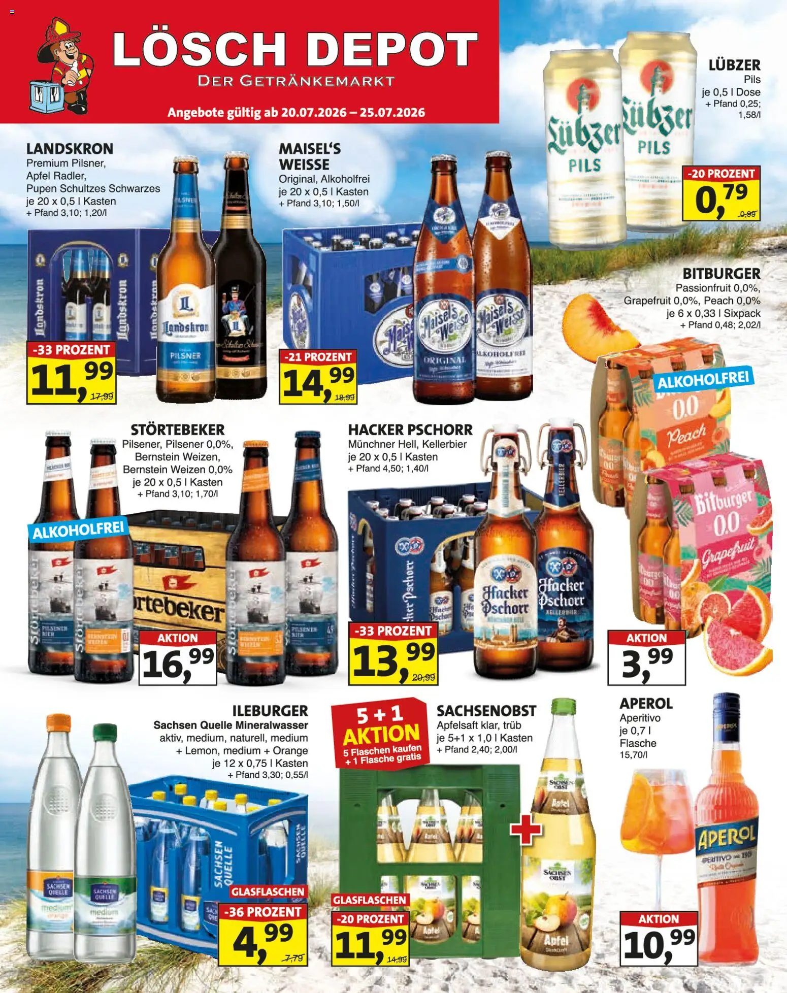 Vorschau von dem Prospekt des Geschäftes Lösch Depot, gültig ab dem 20.07.2026 - Äpfel, Aperol, Mineralwasser, Grapefruit, Bitburger, Apfelsaft, Pils, Lubzer