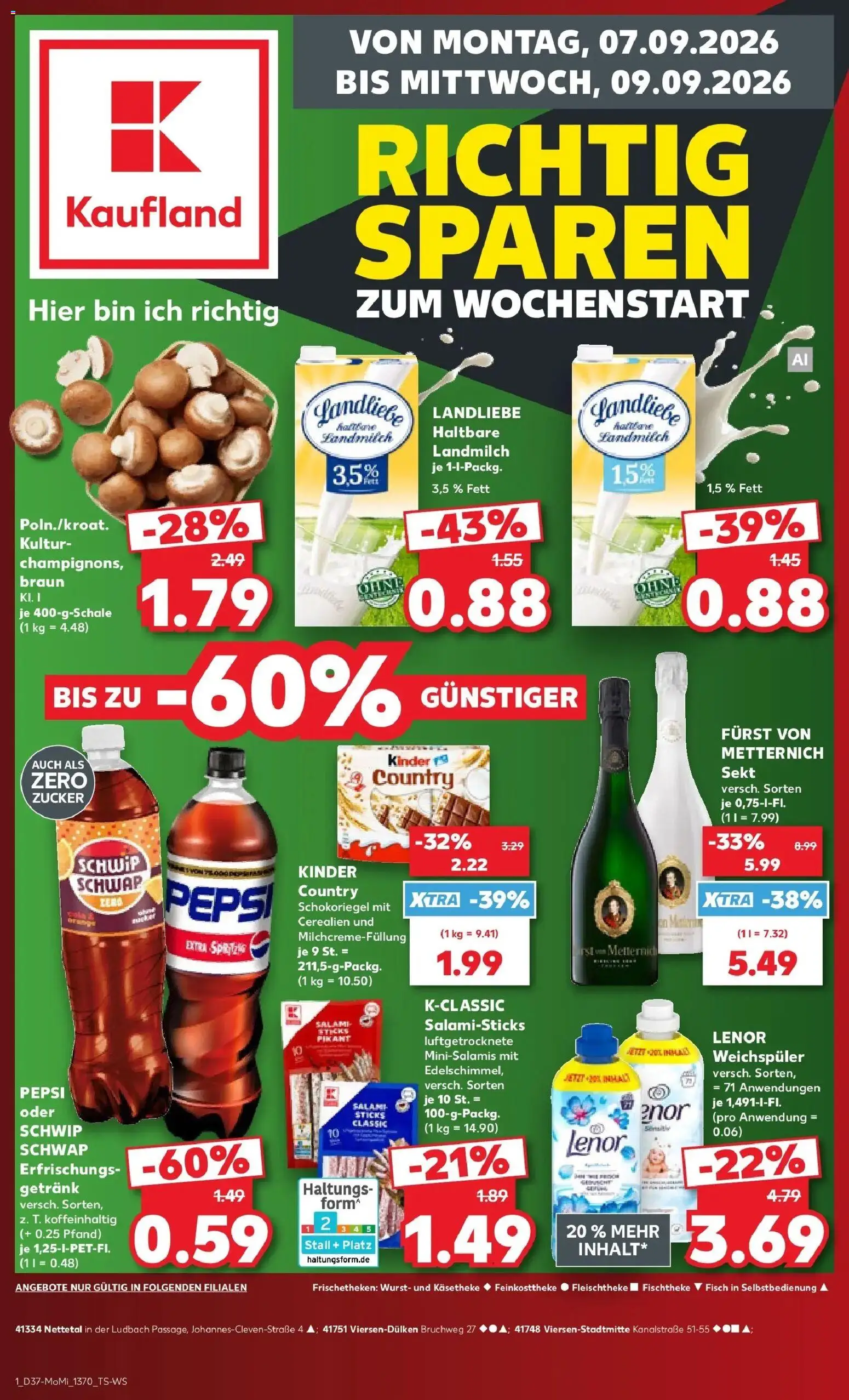 Vorschau von dem Prospekt des Geschäftes Kaufland, gültig ab dem 07.09.2026 - Fisch, Wurst, Zucker, Salami, Sekt, Weichspüler, Pepsi, Lenor