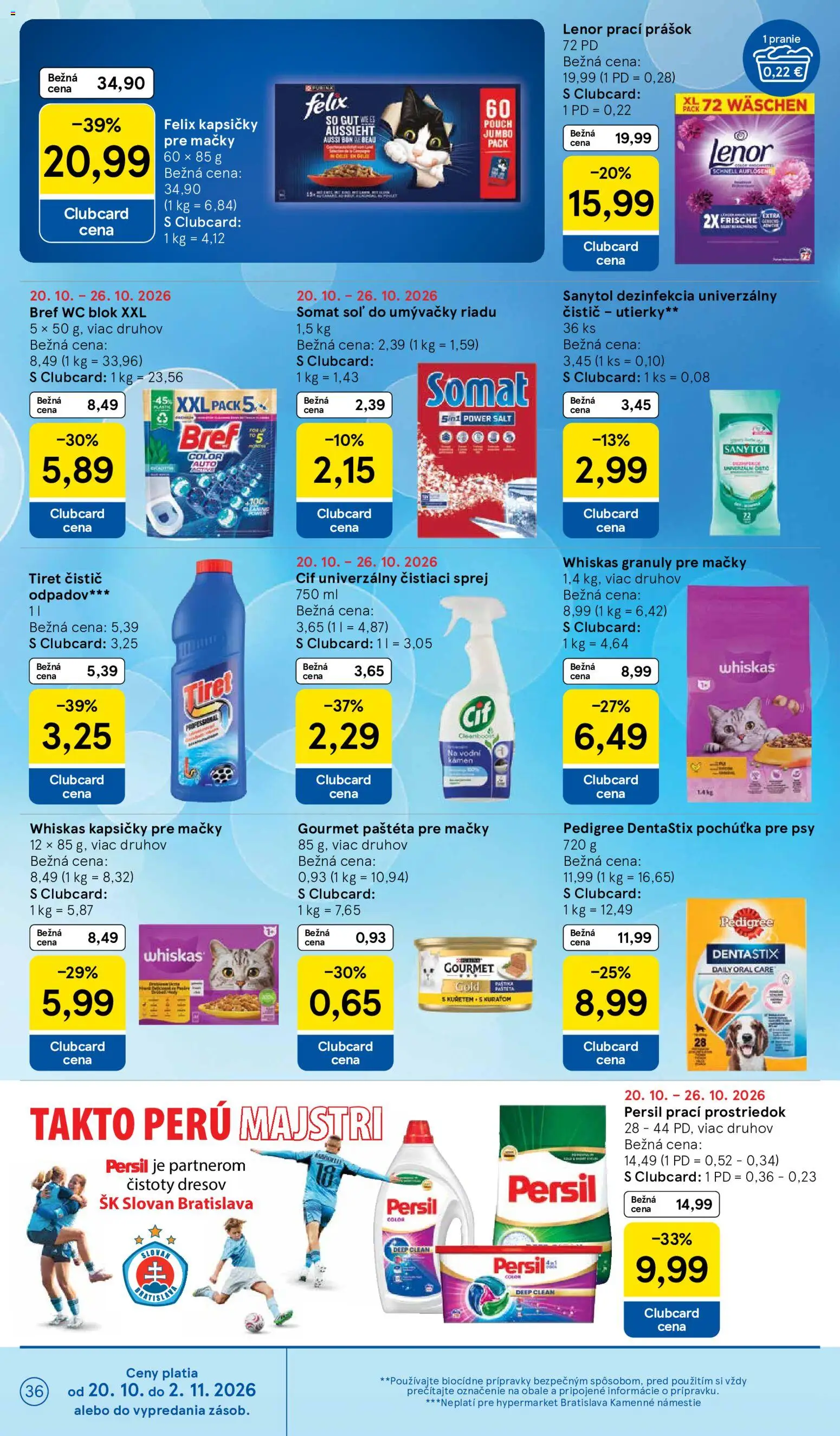 Náhľad Tesco letáku platného od 21.10.2026 - Wc, Soľ, Cif, Whiskas granule, Prací prášok, Whiskas kapsičky, Utierky, Wc blok