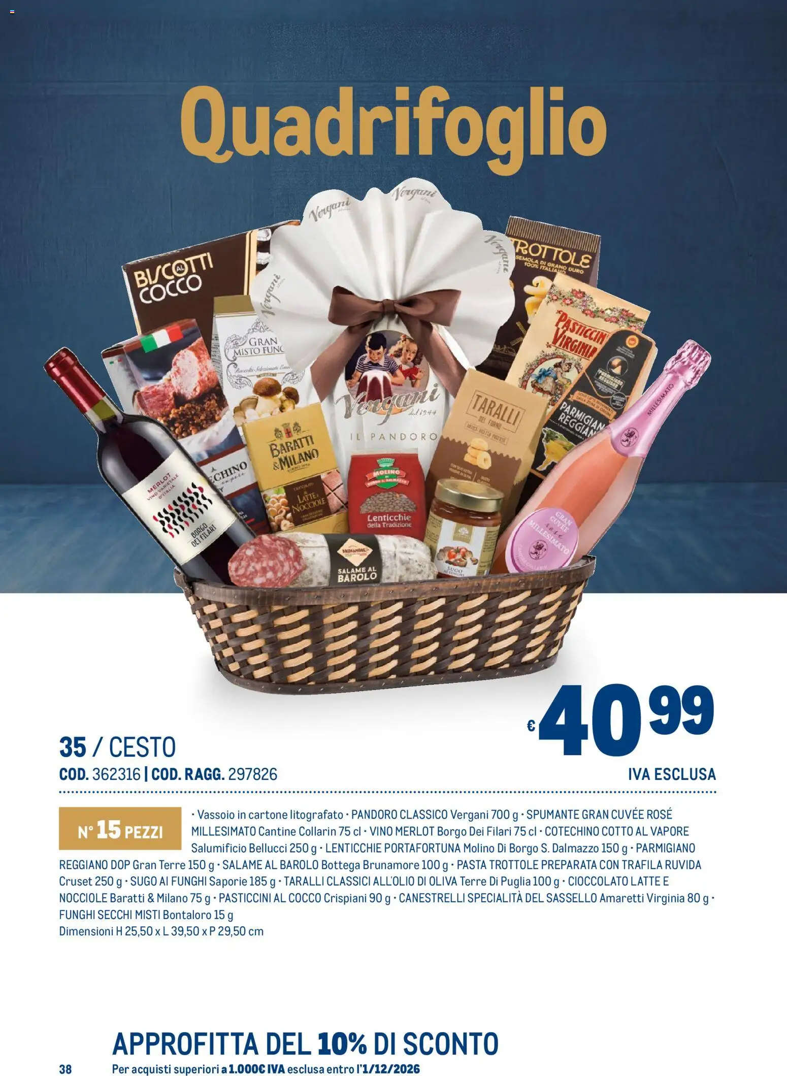 Anteprima dell'opuscolo Metro volantino Regalistica Natale dal negozio Metro valido da 19/10/2026 - Biscotti, Vino, Parmigiano reggiano, Salame, Nocciole, Canestrelli, Sugo, Pasticcini