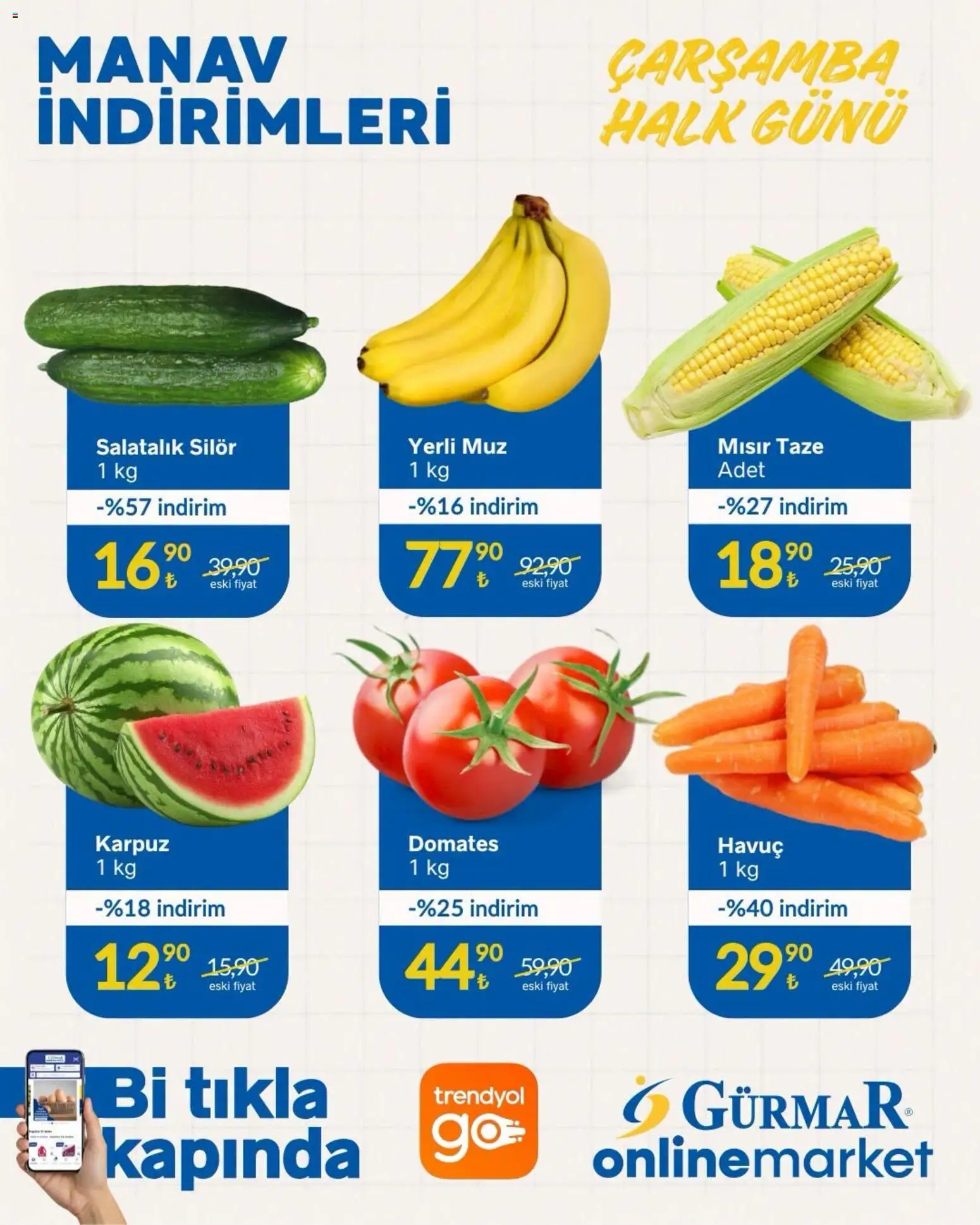 Gürmar Gürmar - Manav İndirimleri 22.07.2026 - Broşürünün önizlemesi - Mısır, Karpuz, Domates, Muz, Havuç, Salatalık