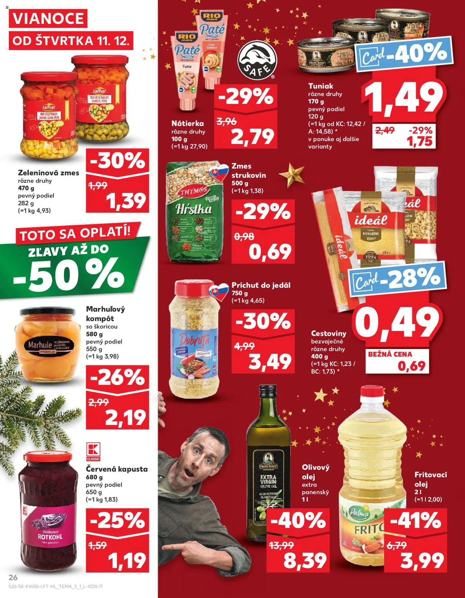 Náhľad Kaufland letáku platného od 11.12.2025 - Cestoviny, Olej, Kapusta, Tuniak, Olivový olej, Marhule, Nátierka, Rio Mare