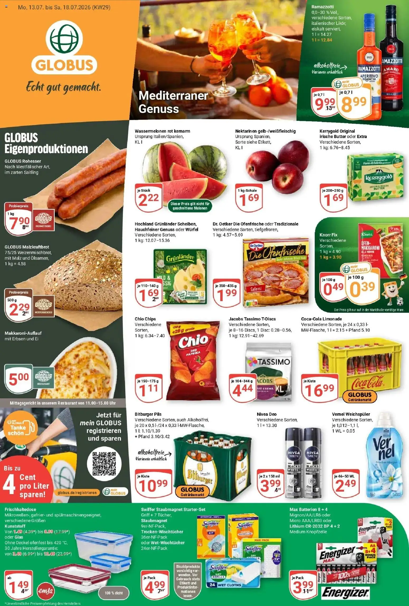 Vorschau von dem Prospekt des Geschäftes Globus, gültig ab dem 13.07.2026 - Butter, Batterien, Nektarinen, Swiffer, Erbsen, Bitburger, Knorr fix, Vernel