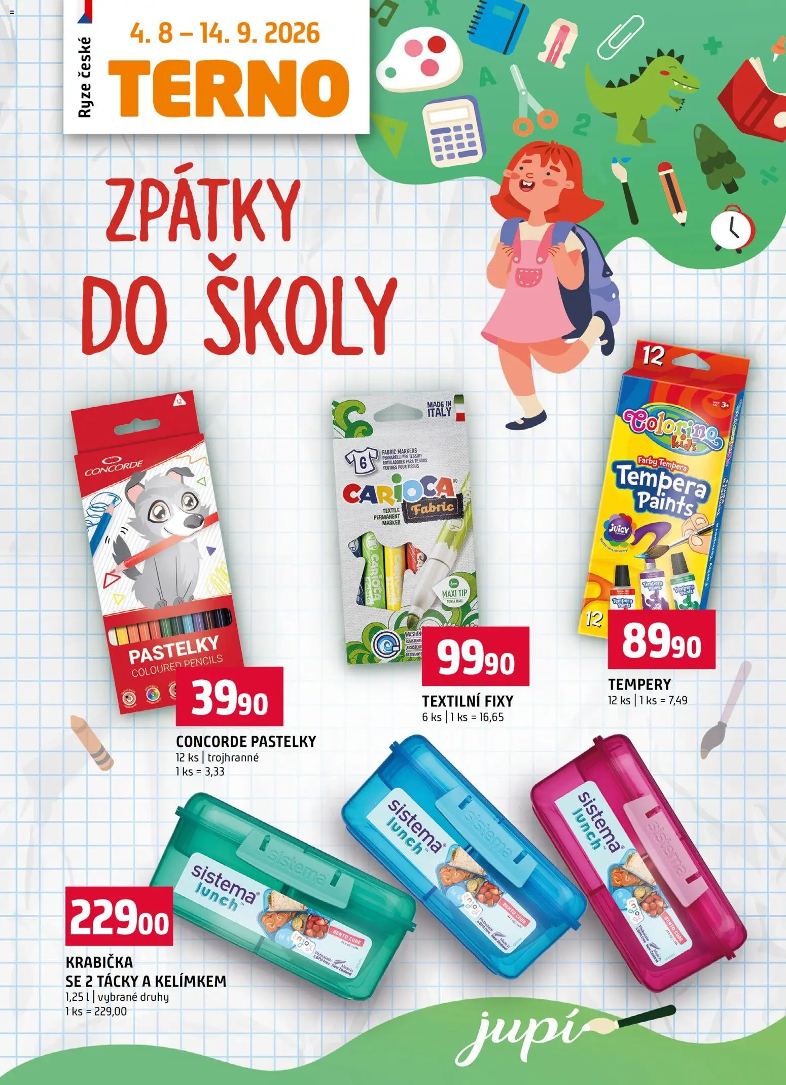 Náhled nabídky: Terno Terno leták - Zpátky do školy platný od 04.08.2026 - Rýže, Jupí, Lunch, Fixy, Pastelky, Tempery, Krabička