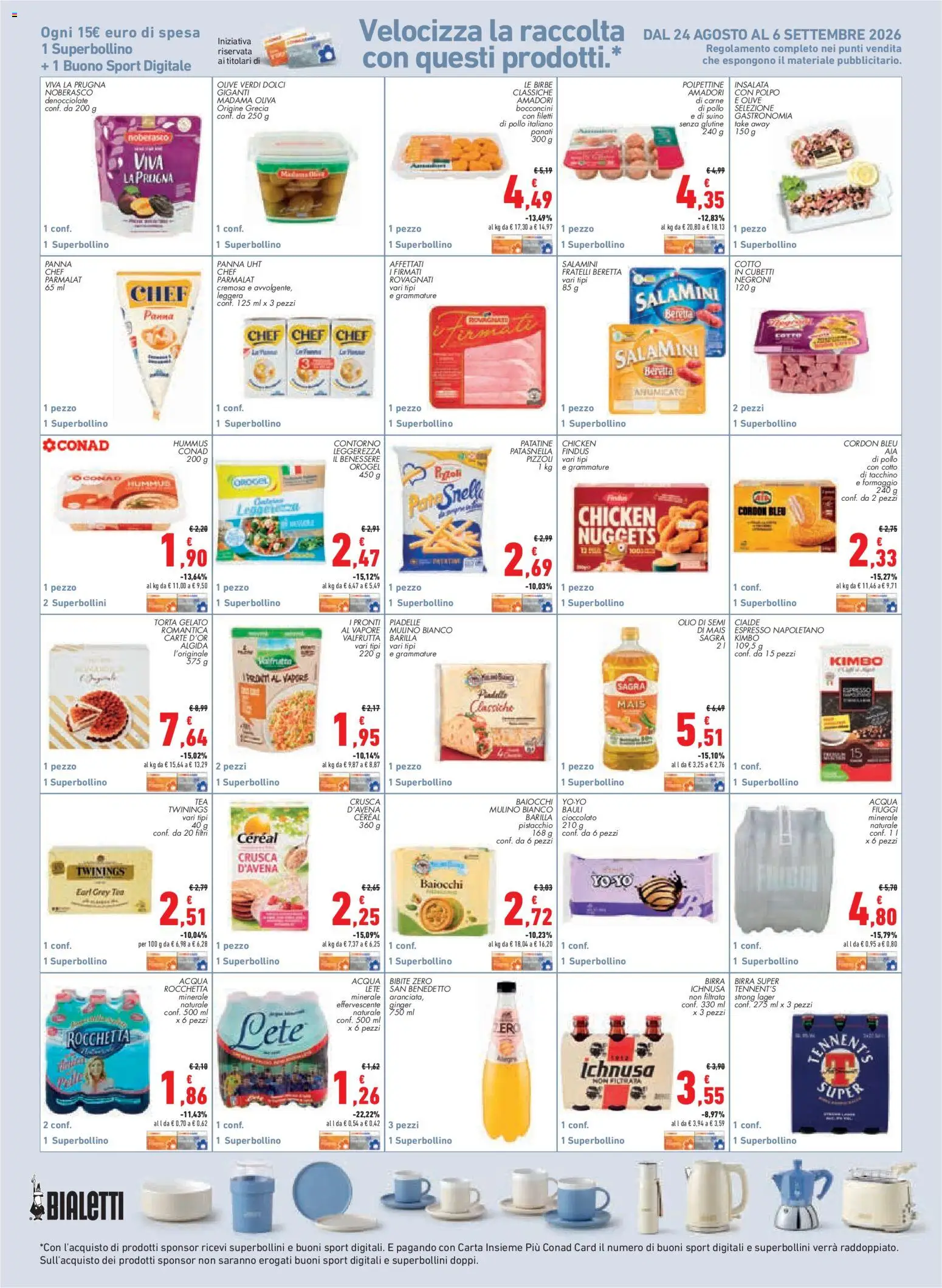 Anteprima dell'opuscolo Conad volantino City Piemonte dal negozio Conad valido da 27/08/2026 - Acqua, Cioccolato, Formaggio, Acqua minerale, Tennent's, Suino, Olive, Cialde