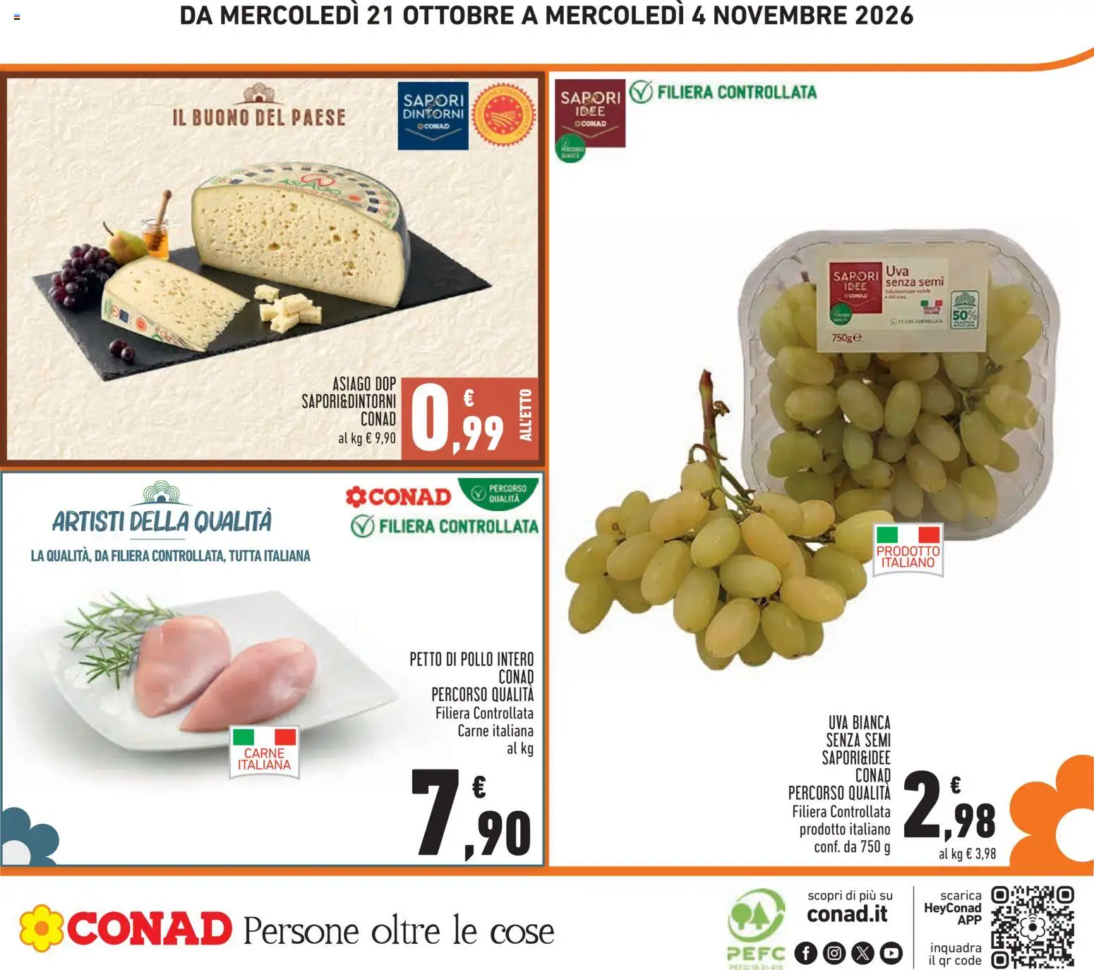 Anteprima dell'opuscolo Conad volantino dal negozio Conad valido da 21/10/2026 - Pollo, Carne, Formaggio, Petto di Pollo, Uva, Formaggio asiago, Pollo intero