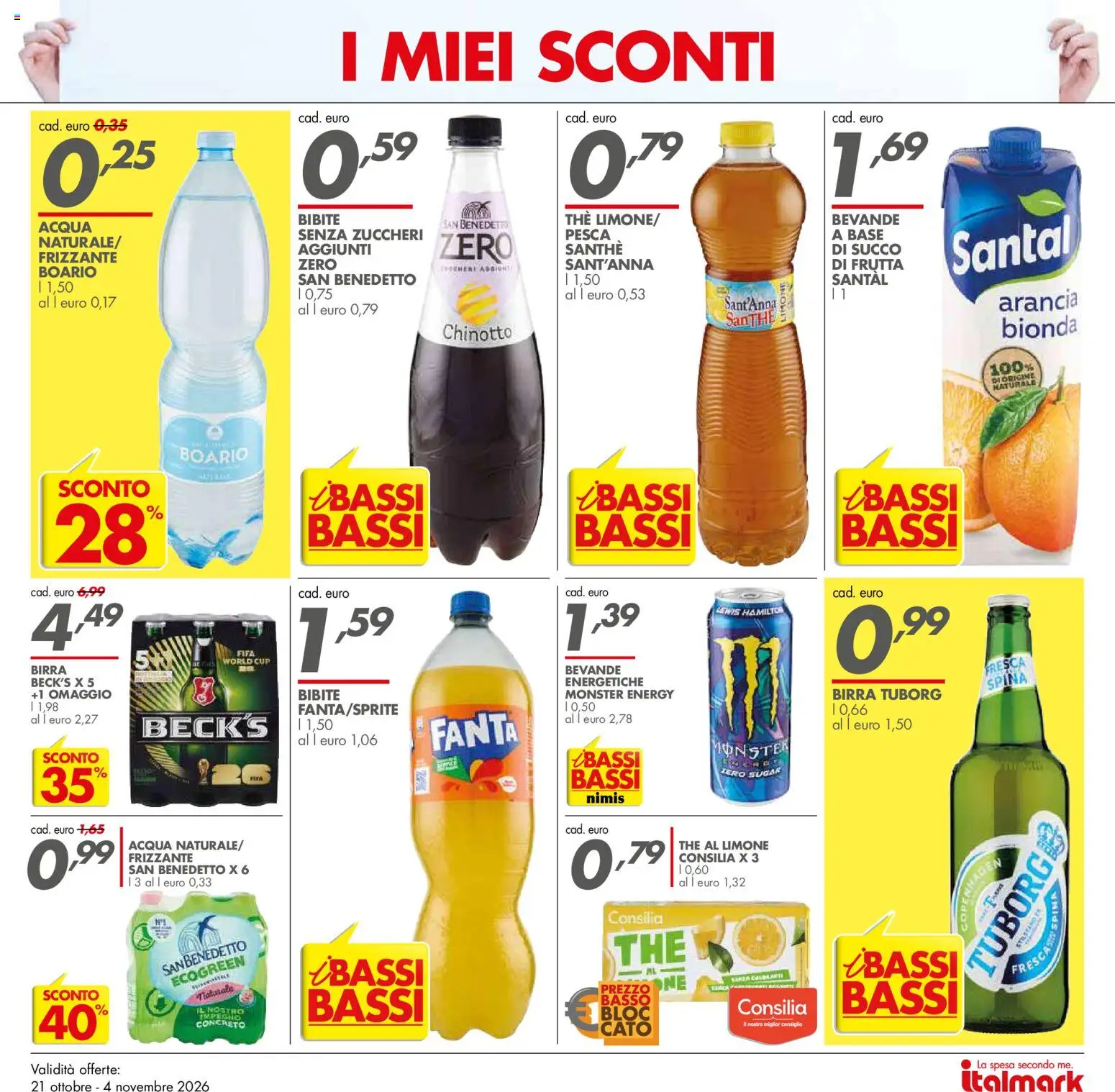 Anteprima dell'opuscolo Italmark volantino dal negozio Italmark valido da 21/10/2026 - Acqua, Birra, Frutta, Pesca, Fanta, Arancia, Bevande, Birra Tuborg