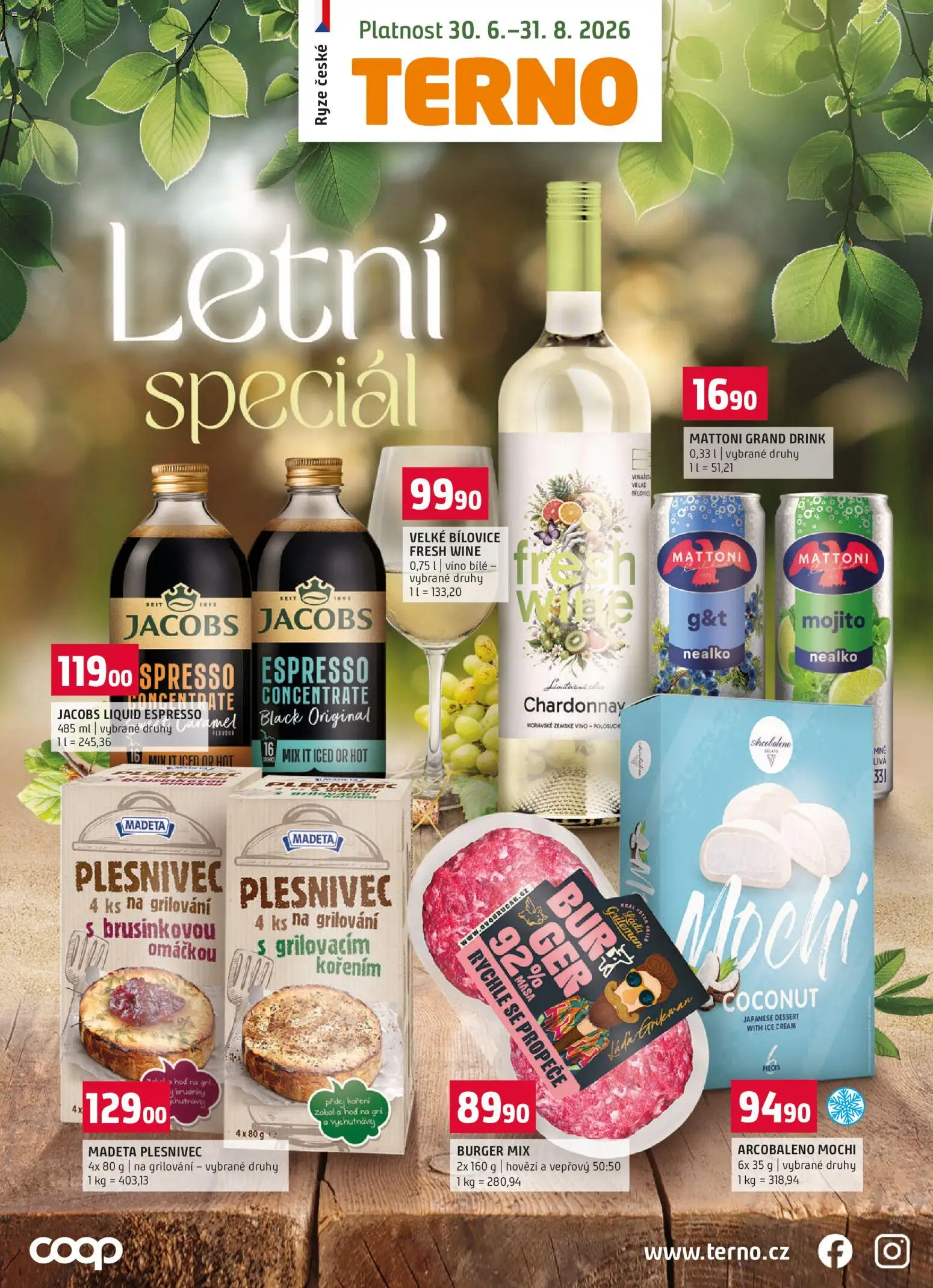 Náhled nabídky: Terno Terno leták - Letní speciál platný od 30.06.2026 - Burger, Rýže, Mojito, Mattoni, Brusinky, Hovězí, Grilování, Jacobs