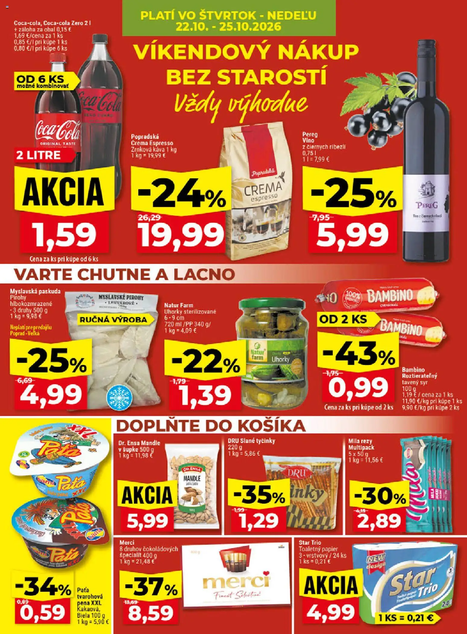 Náhľad Klas letáku platného od 19.10.2026 - Víno, Pirohy, Toaletný papier, Mandle, Zrnková káva, Cola, Tavený syr, Zrnková káva 1 kg