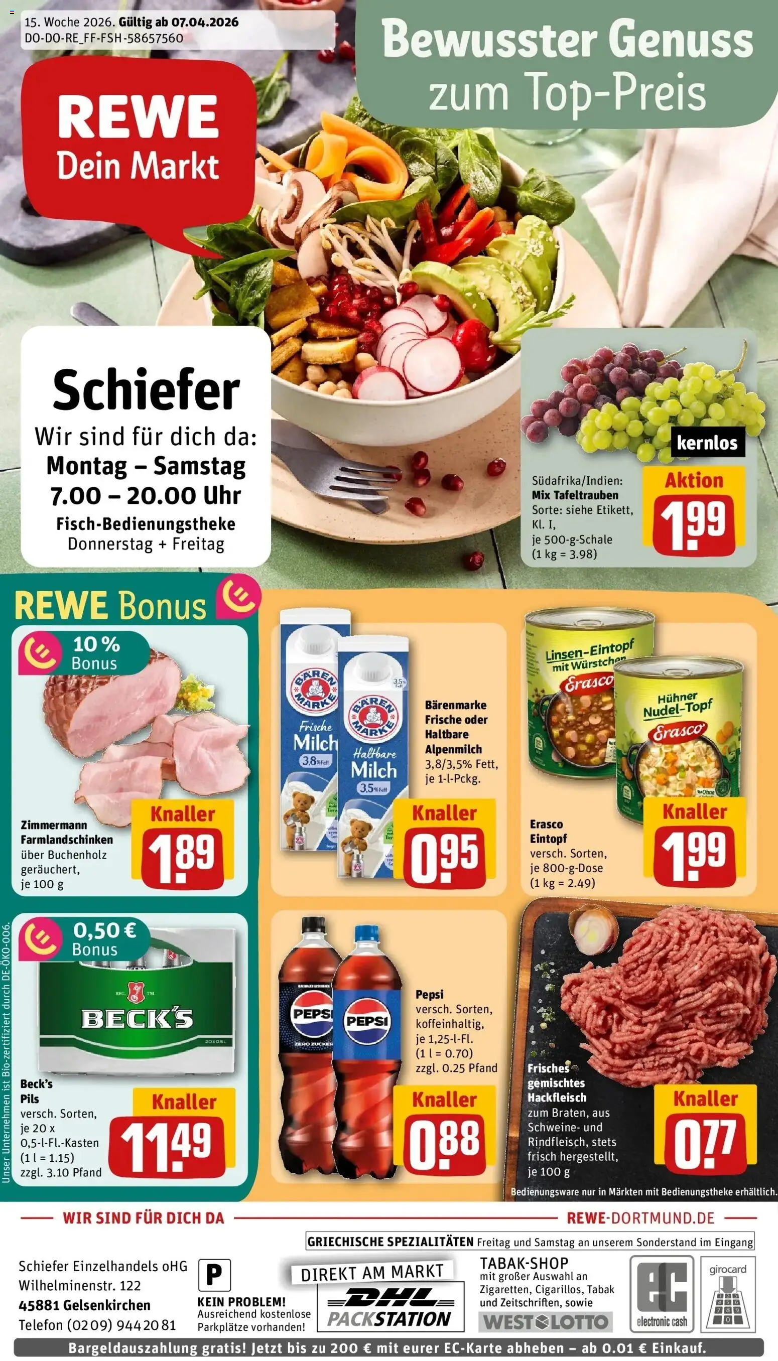 Vorschau von dem Prospekt des Geschäftes Rewe, gültig ab dem 05.04.2026 - Uhr, Telefon, Milch, Hackfleisch, Zucker, Spezialitäten, Pils, Erasco