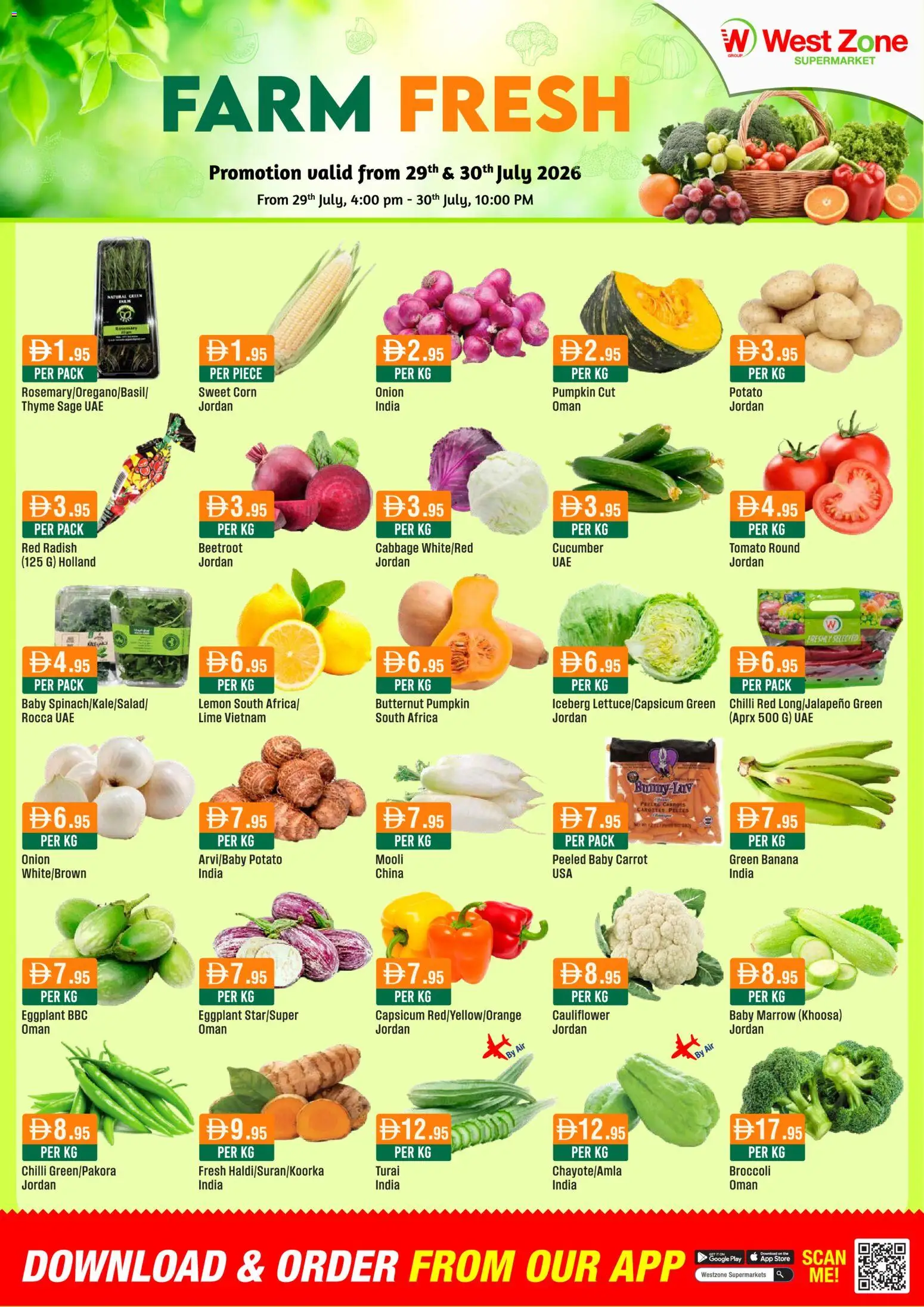 Preview of the catalogue Westzone Supermarket Farm Fresh of store Westzone Supermarket valid from 29 Jul, 2026 - Banana, Eggplant, Lime, Cauliflower, Corn, Carrot, Lemon, Chilli