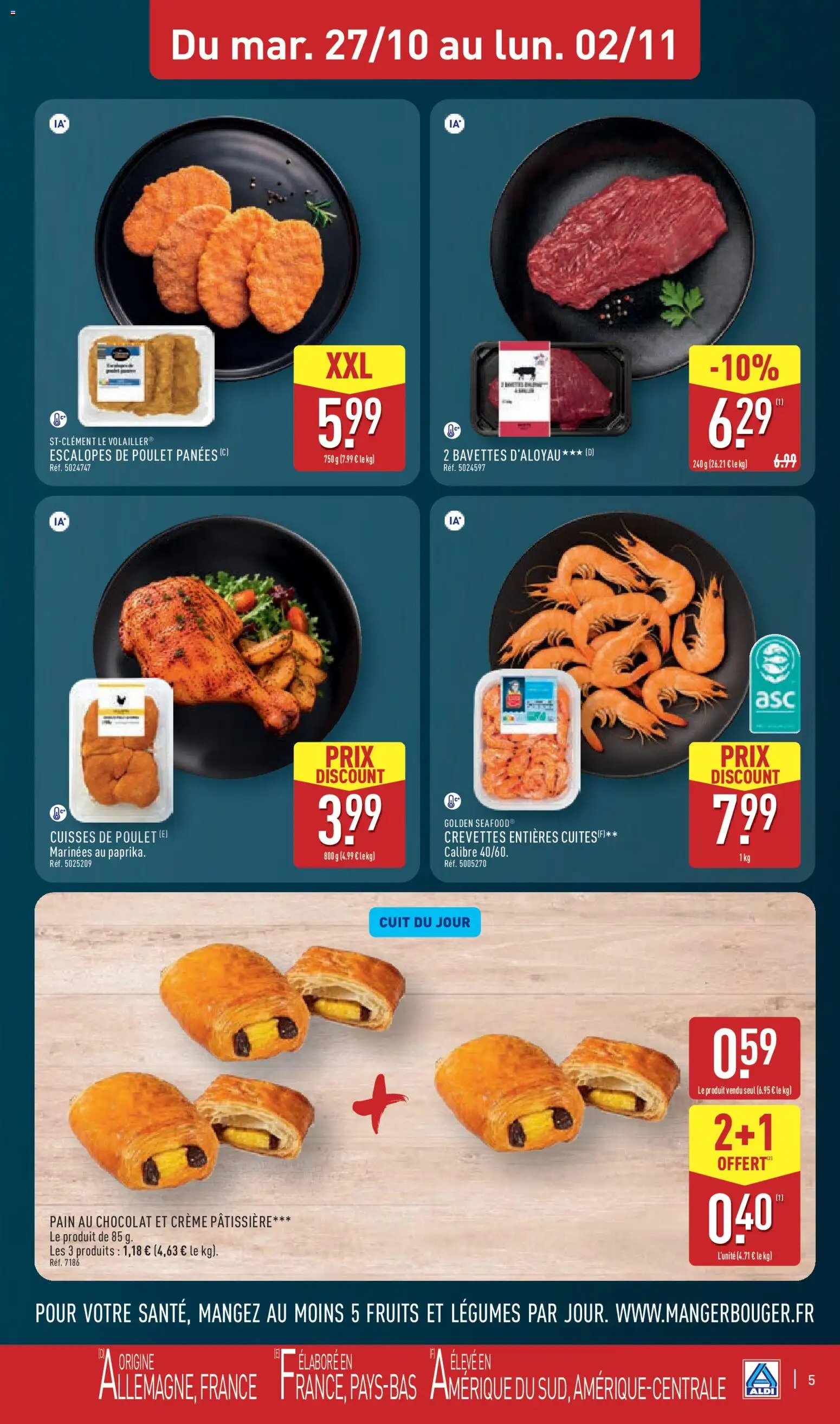 Prévisualisation de Aldi catalogue du magasin Aldi formulaire valide 27/10/2026 - Chocolat, Pain au chocolat, Crème, Cuisses de poulet, Escalopes de poulet, Escalopes, Crevettes, Bavettes