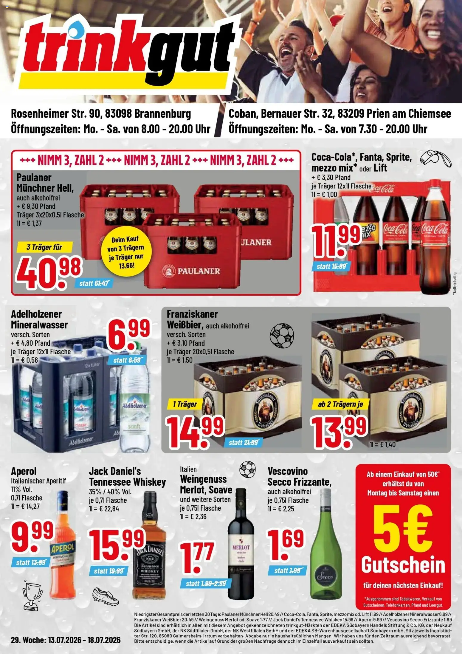 Vorschau von dem Prospekt des Geschäftes Trinkgut, gültig ab dem 13.07.2026 - Uhr, Coca cola, Aperol, Mineralwasser, Adelholzener, Mezzo mix, Merlot, Jack Daniel's