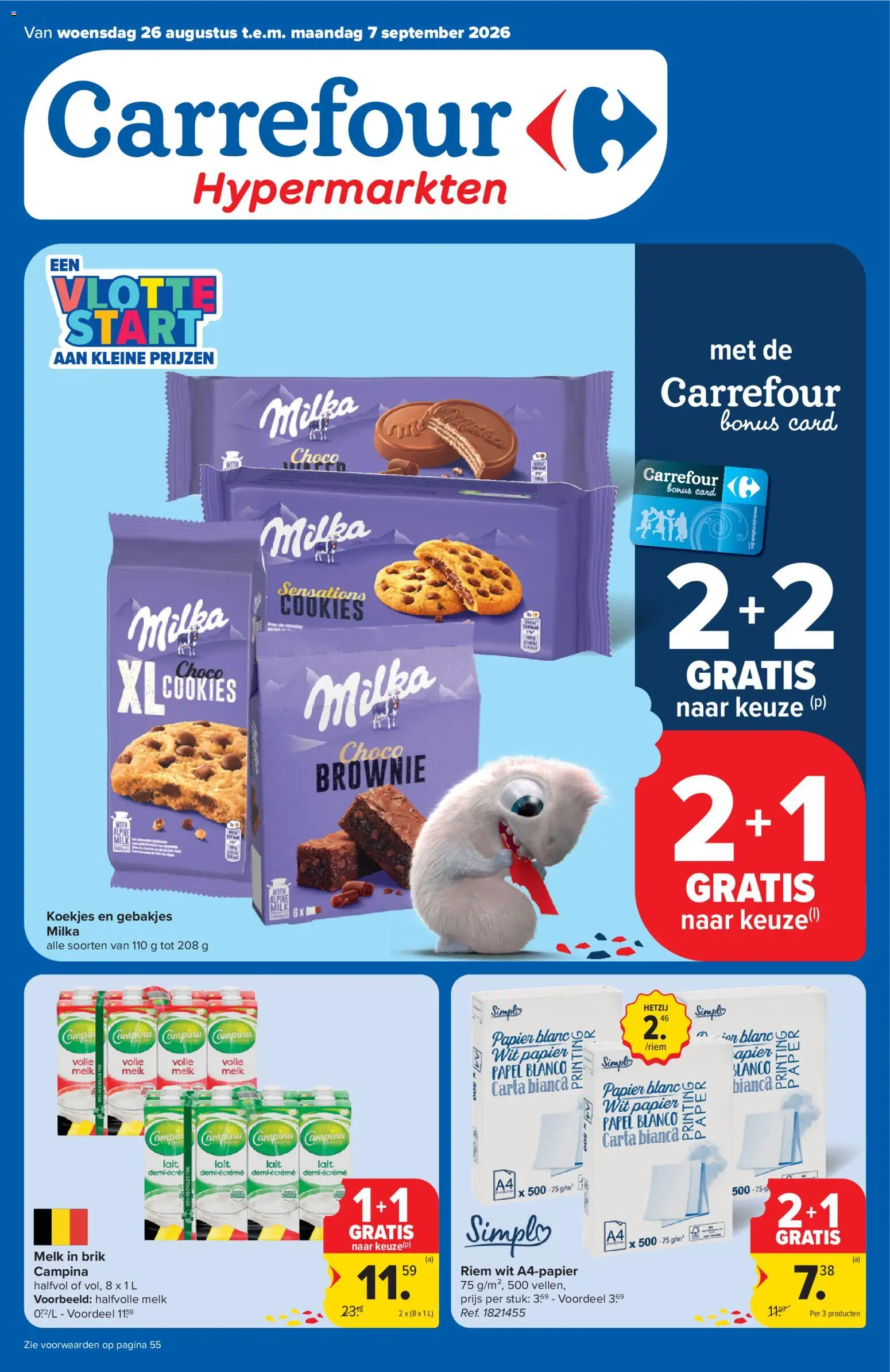 Voorbeeld van Carrefour folder week 35 van winkel Carrefour geldig vanaf 26/08/2026 - Printer, Koekjes, Melk, Papier, Riem, Halfvolle Melk
