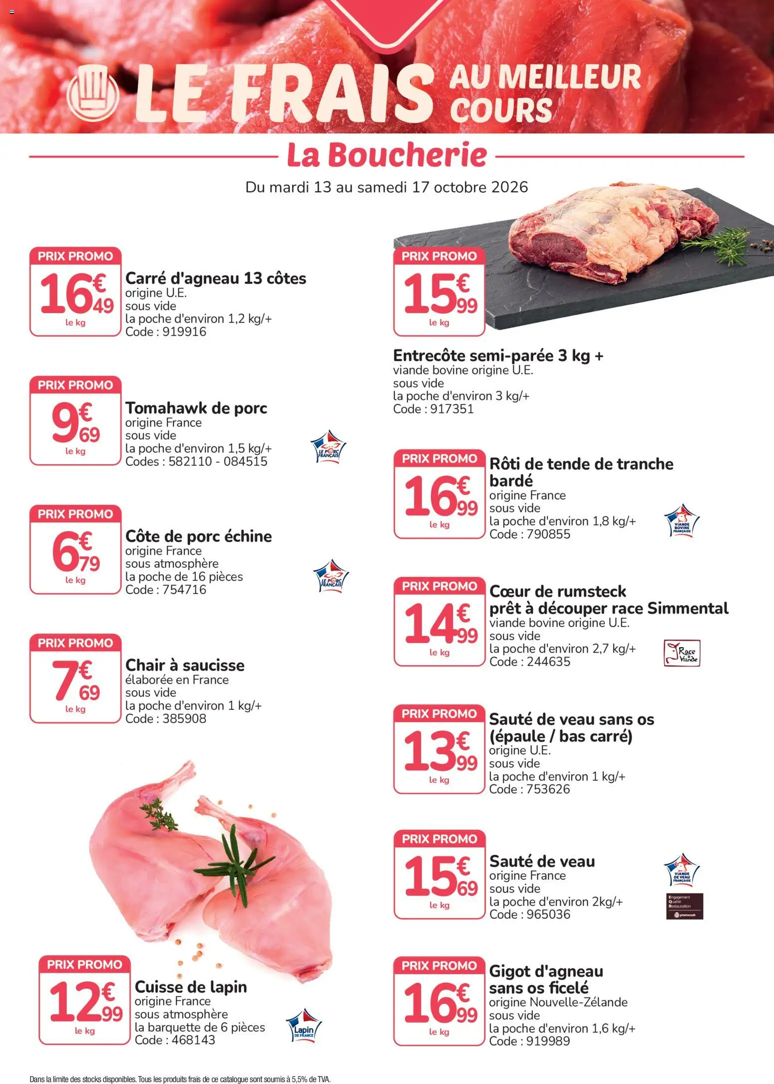 Prévisualisation de Promocash Meilleur cours du magasin Promocash formulaire valide 13/10/2026 - Lapin, Entrecôte, Saucisse, Viande, Côte de porc, Viande bovine, Rumsteck, Gigot d'agneau