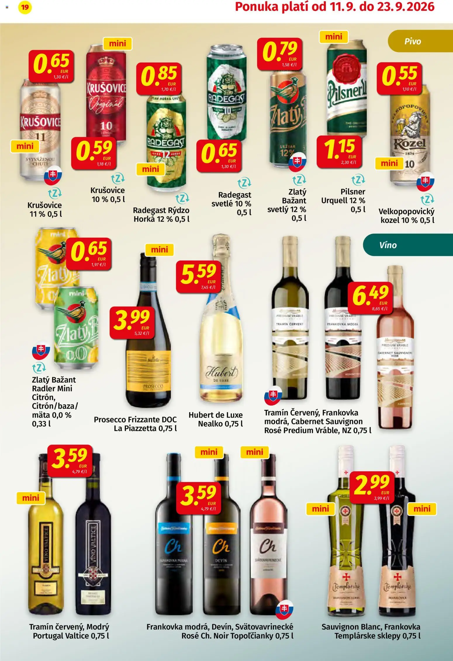 Náhľad Koruna letáku platného od 11.09.2026 - Pivo, Víno, Prosecco, Radegast, Hubert de Luxe, Krušovice, Radler, Zlatý Bažant