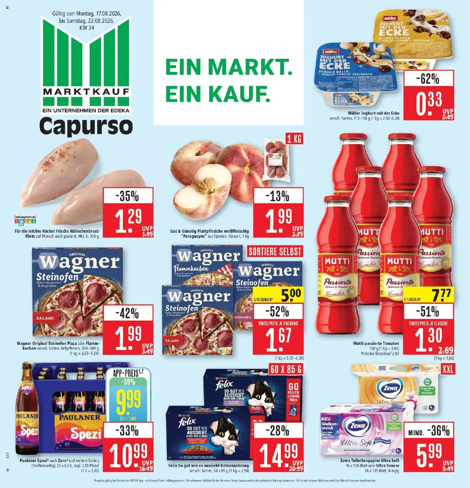 Vorschau von dem Prospekt des Geschäftes Marktkauf, gültig ab dem 17.08.2026 - Kuchen, Küche, Bananen, Paulaner, Salami, Tomaten, Schinken, Zewa