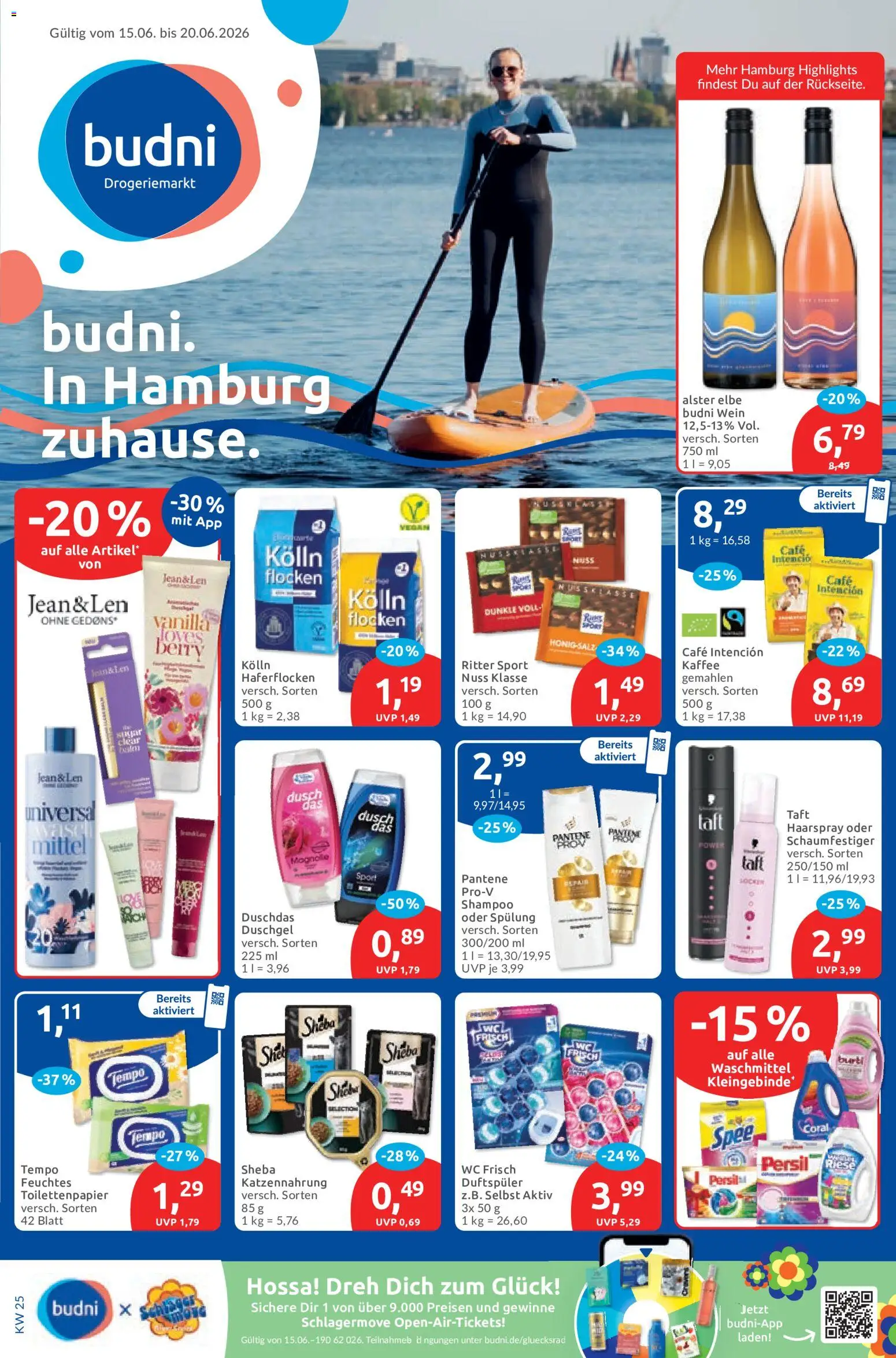 Vorschau von dem Prospekt des Geschäftes Budni, gültig ab dem 15.06.2026 - Wein, Spee, Ritter sport, Tempo, Coral, Spülung, Wc frisch, Duschdas