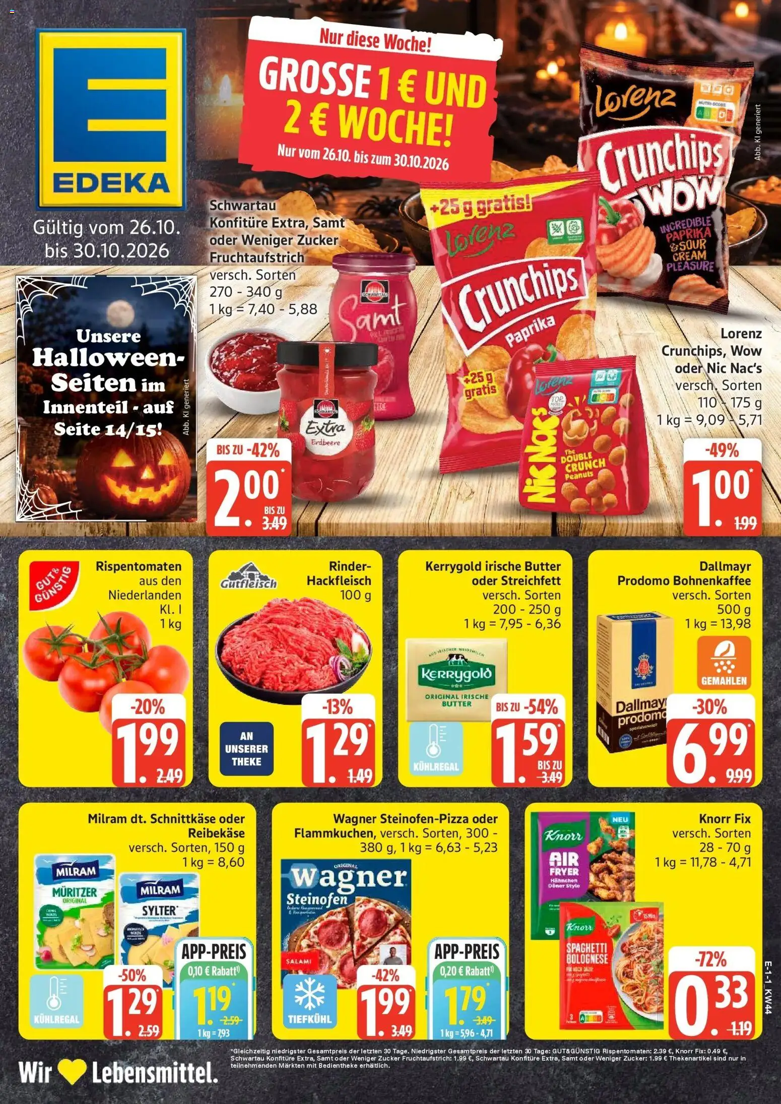 Vorschau von dem Prospekt des Geschäftes Edeka, gültig ab dem 26.10.2026 - Dallmayr, Paprika, Salami, Knorr, Knorr fix, Milram, Hahnchen, Reibekase