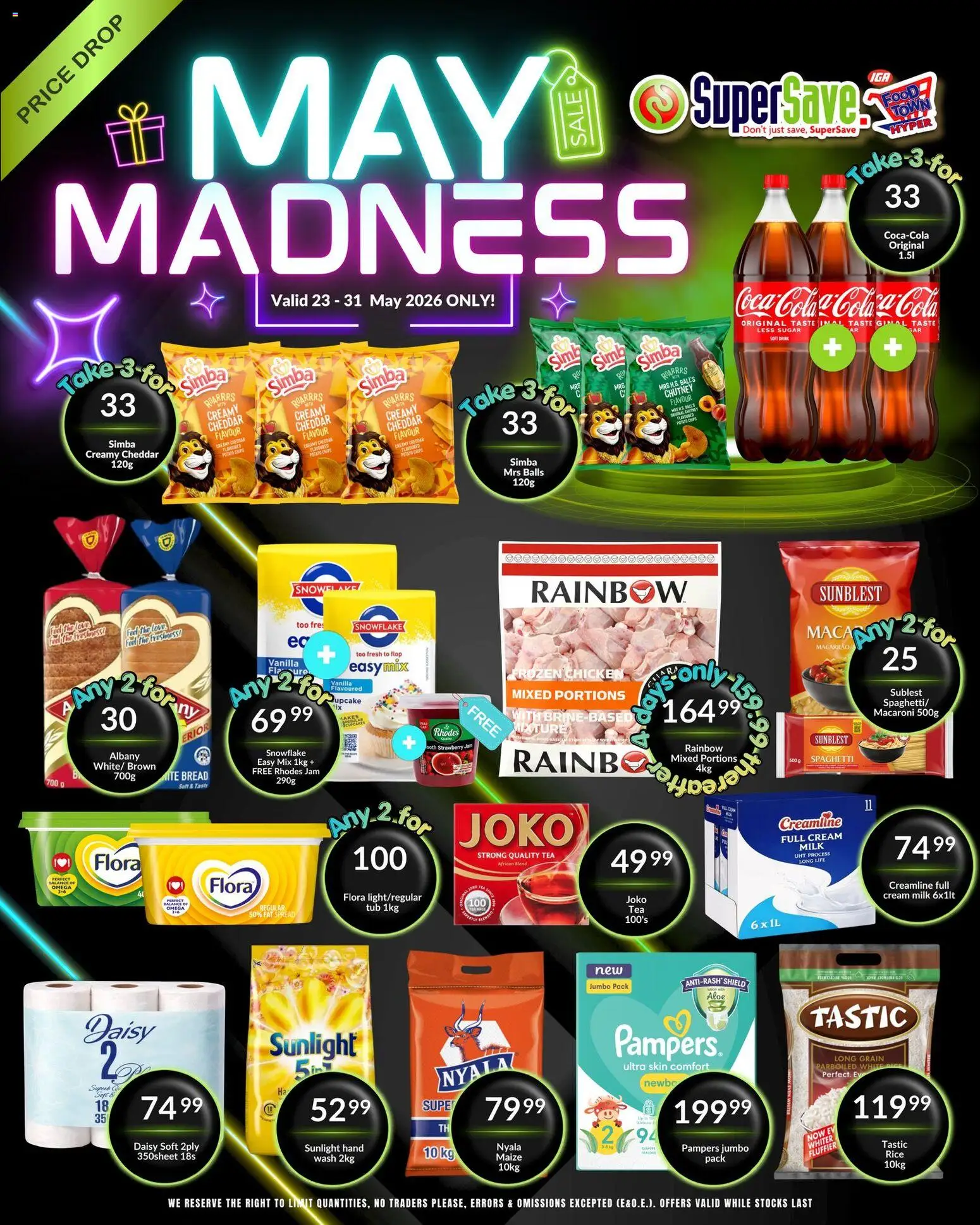 Preview of Super Save flyer valid from 23/05/2026 - Milk, Bread, Sugar, Rice, Spaghetti, Diapers, Spread, Cheddar