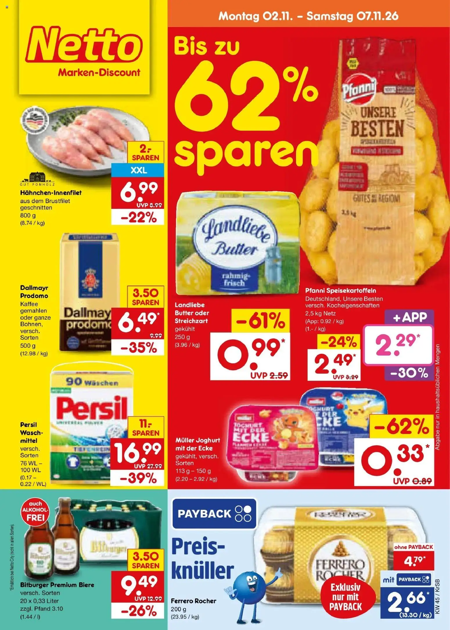 Vorschau von dem Prospekt des Geschäftes Netto Marken-Discount, gültig ab dem 02.11.2026 - Kaffee, Butter, Alkohol, Dallmayr, Ferrero rocher, Bitburger, Persil, Landliebe butter