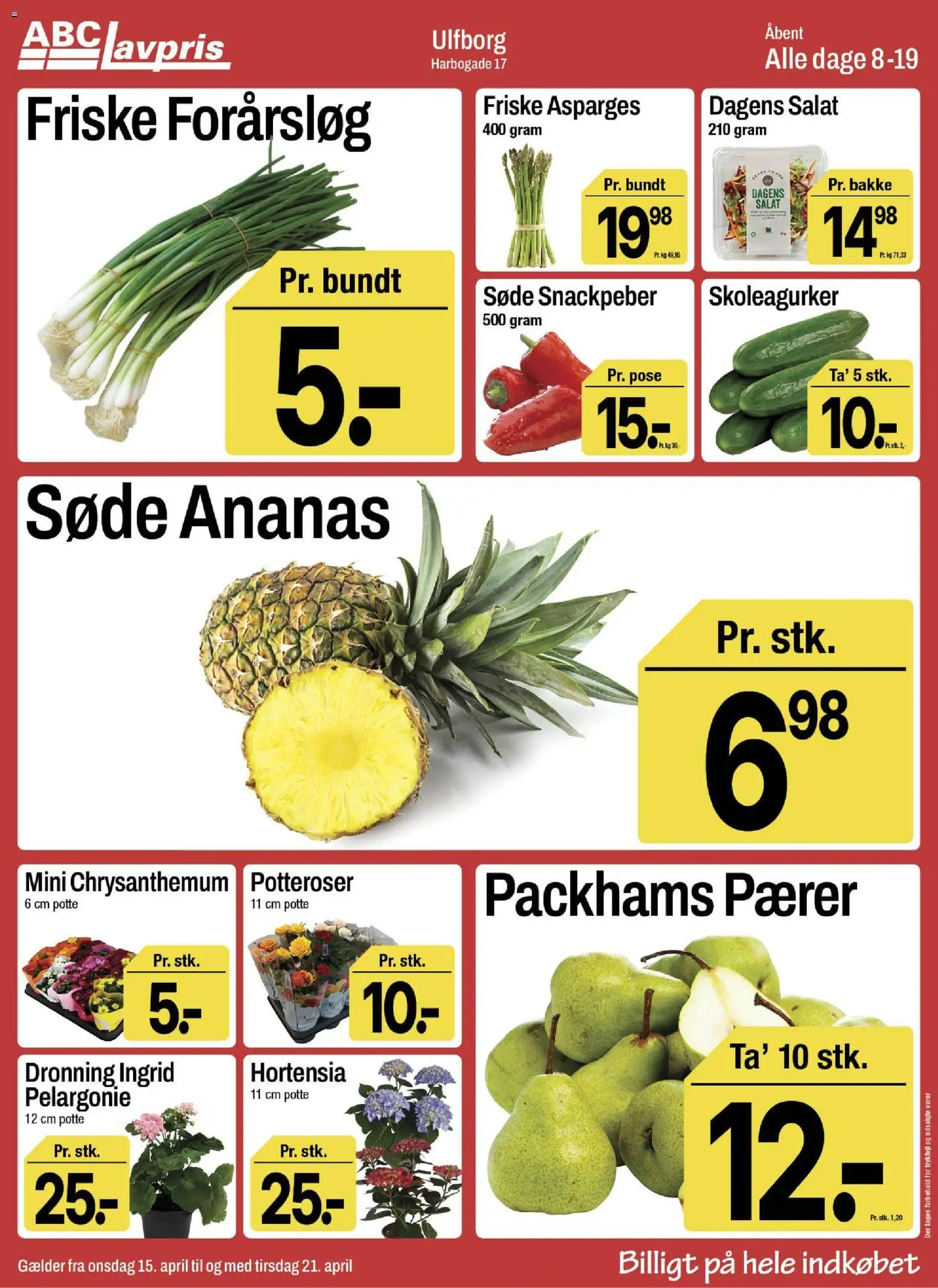 Eksempel på tilbudsavis Abc Lavpris - Ulfborg fra butik Abc Lavpris gyldig fra 15/04/2026 - Salat, Asparges, Ananas, Forårsløg, Pærer, Snackpeber