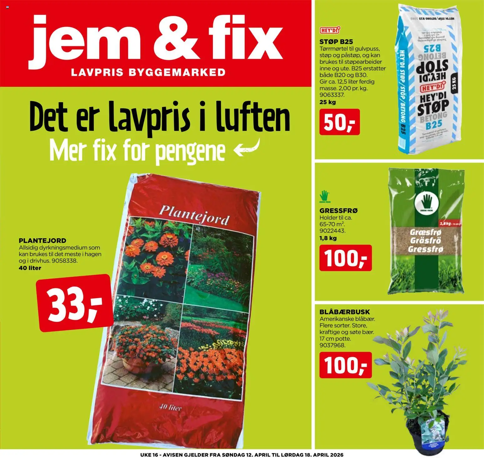 Forhåndsvis Jem & Fix kundeavis fra butikk Jem & Fix gyldig fra 11/04/2026 - Gressfrø, Plantejord