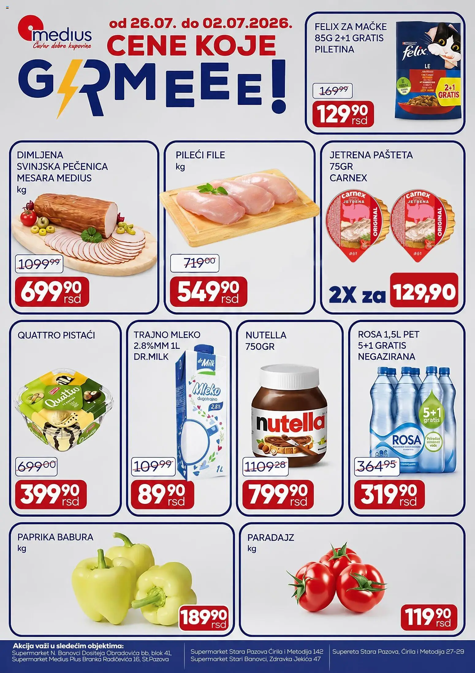 Pregled Medius kataloga - važi od 26.06.2026 - Paprika, Paradajz, Nutella, Piletina, Pašteta, Paprika babura, Pečenica, Pileći file