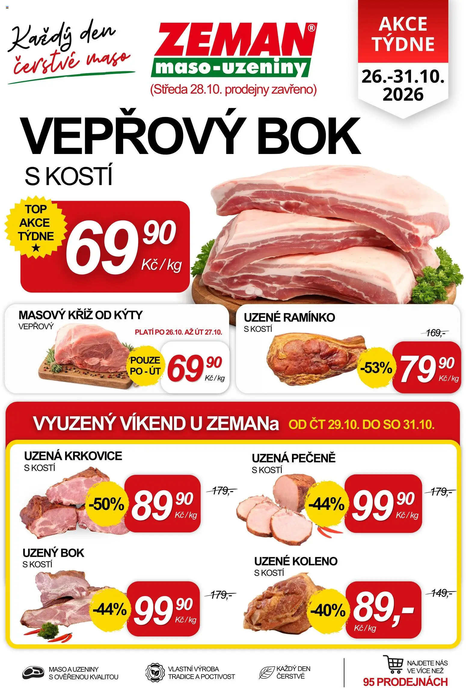 Náhled nabídky: Prodejny Zeman Prodejny Zeman leták platný od 26.10.2026 - Maso, Krkovice, Koleno, Vepřový bok, Uzeniny, Uzená krkovice, Uzené koleno