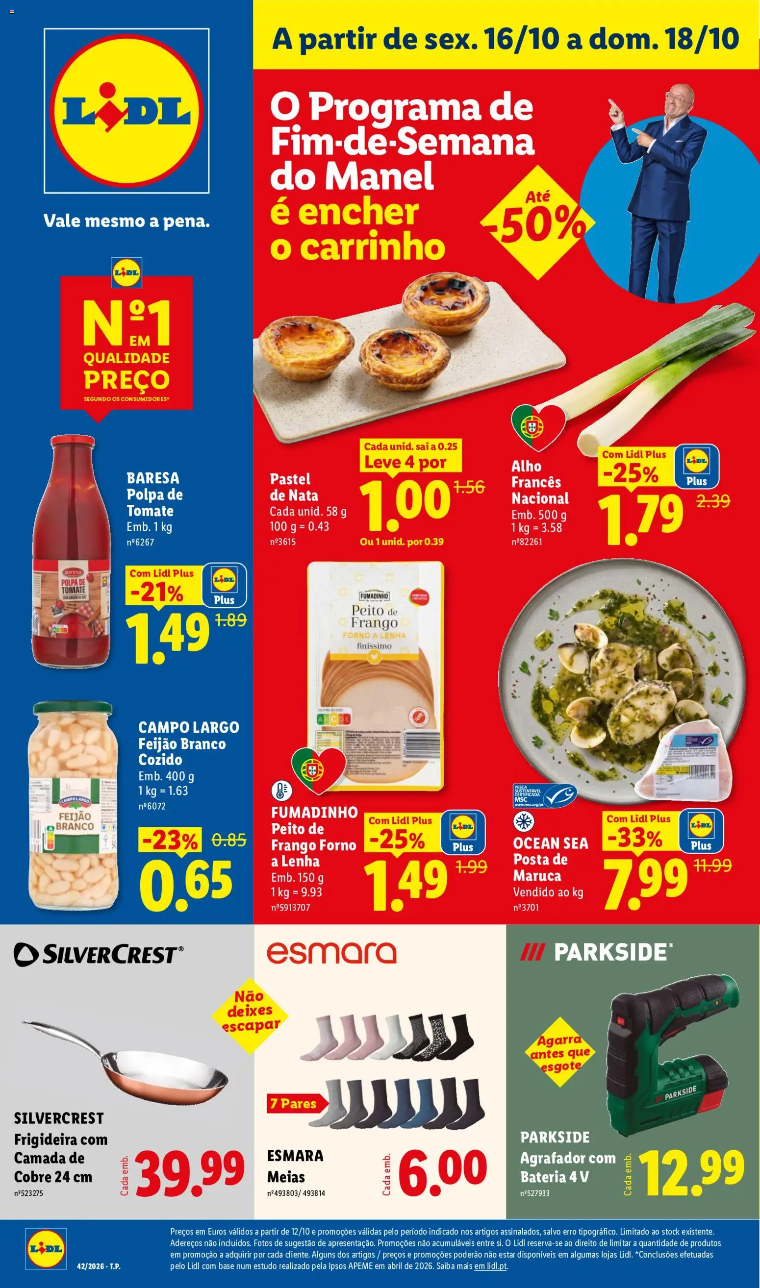Pré-visualização do folheto da loja Lidl válida a partir de 16/10/2026 - Nata, Base, Peito de frango, Tomate, Alho francês, Meias, Polpa de tomate, Agrafador