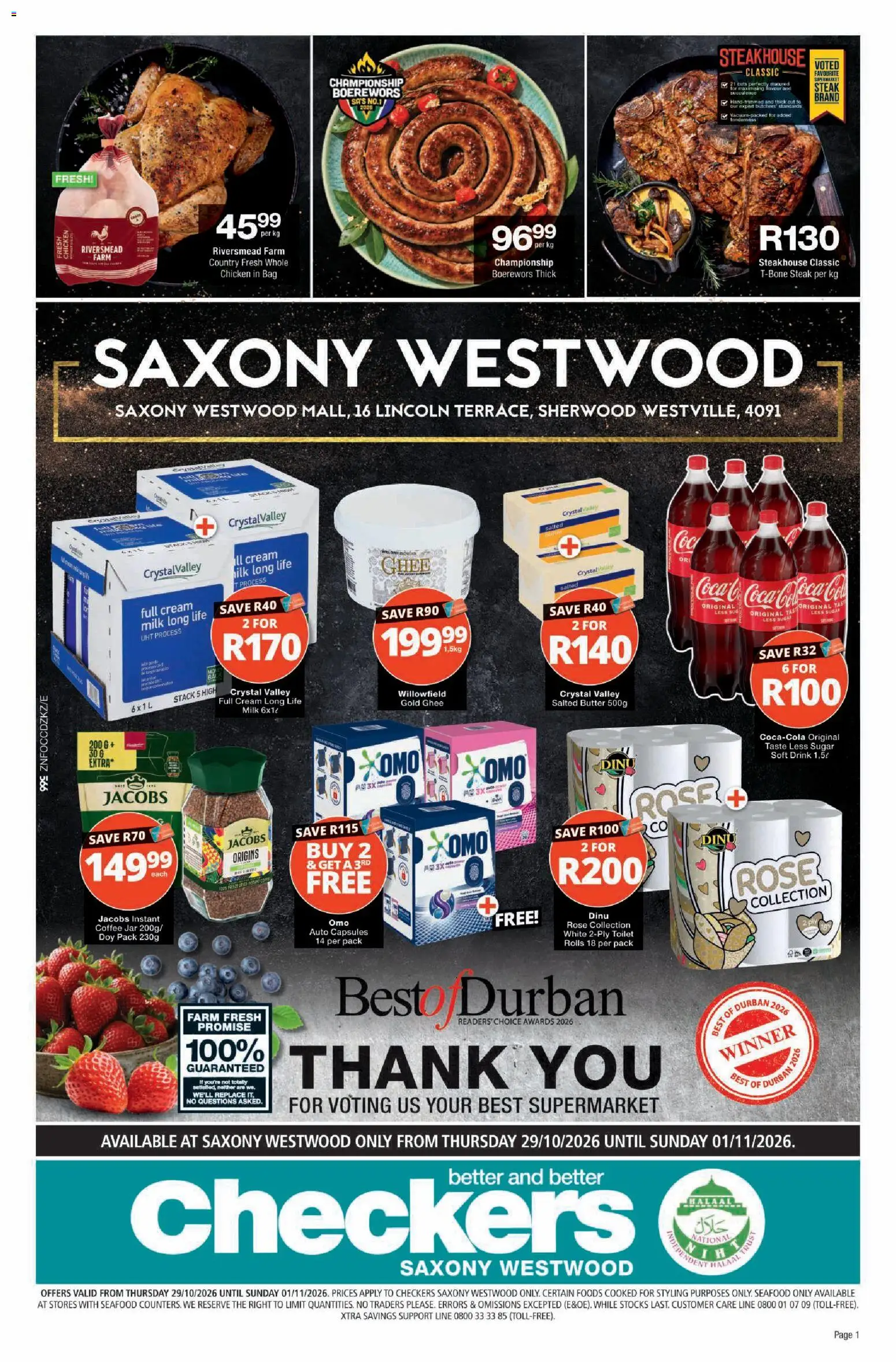 Preview of Checkers flyer valid from 29/10/2026 - Coffee, Chicken, Bag, Toilet, Milk, Butter, Seafood, Boerewors