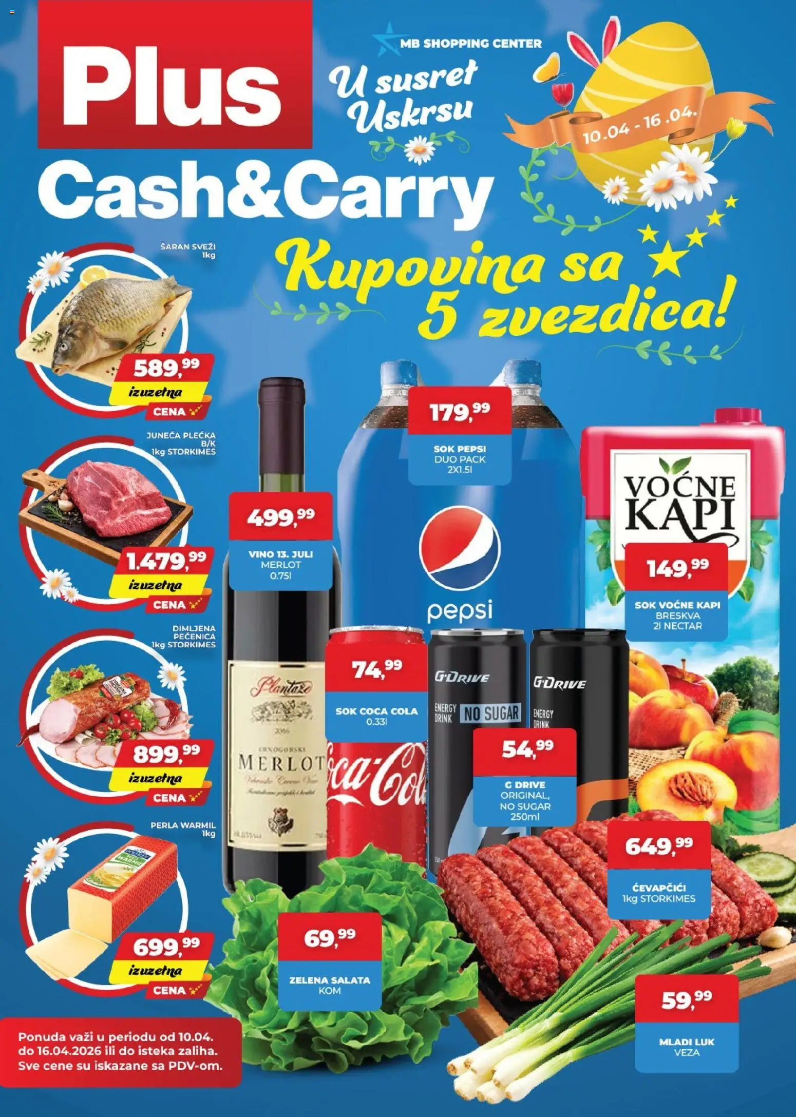 Pregled Plus Cash & Carry kataloga - važi od 10.04.2026 - Coca Cola, Vino, Šaran, Pepsi, Breskva, Salata, Luk, Pečenica