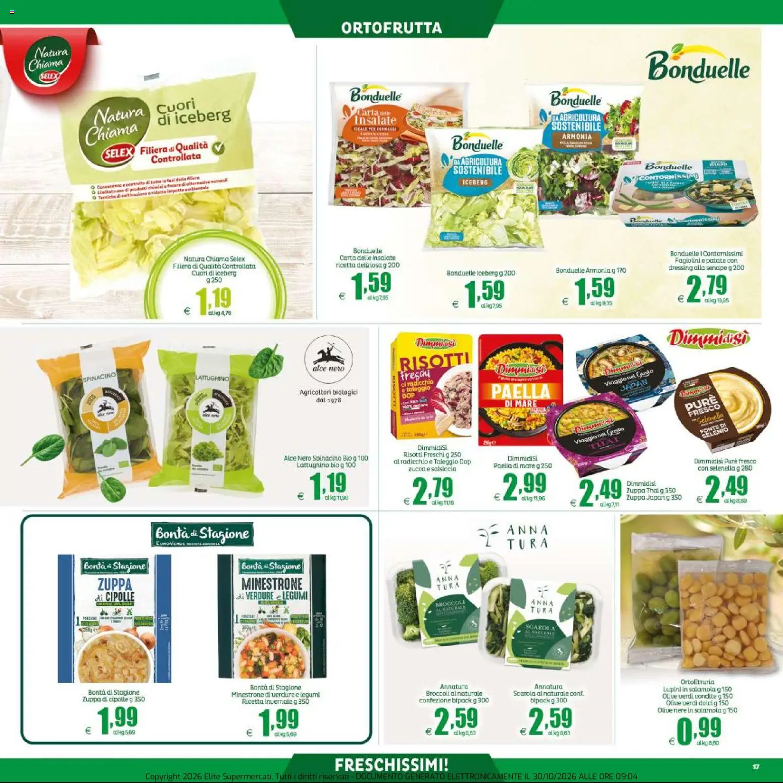 Anteprima dell'opuscolo Elite Supermercati volantino dal negozio Elite Supermercati valido da 30/10/2026 - Paella, Lupini, Broccoli, Salsiccia, Legumi, Cipolle, Minestrone, Patate