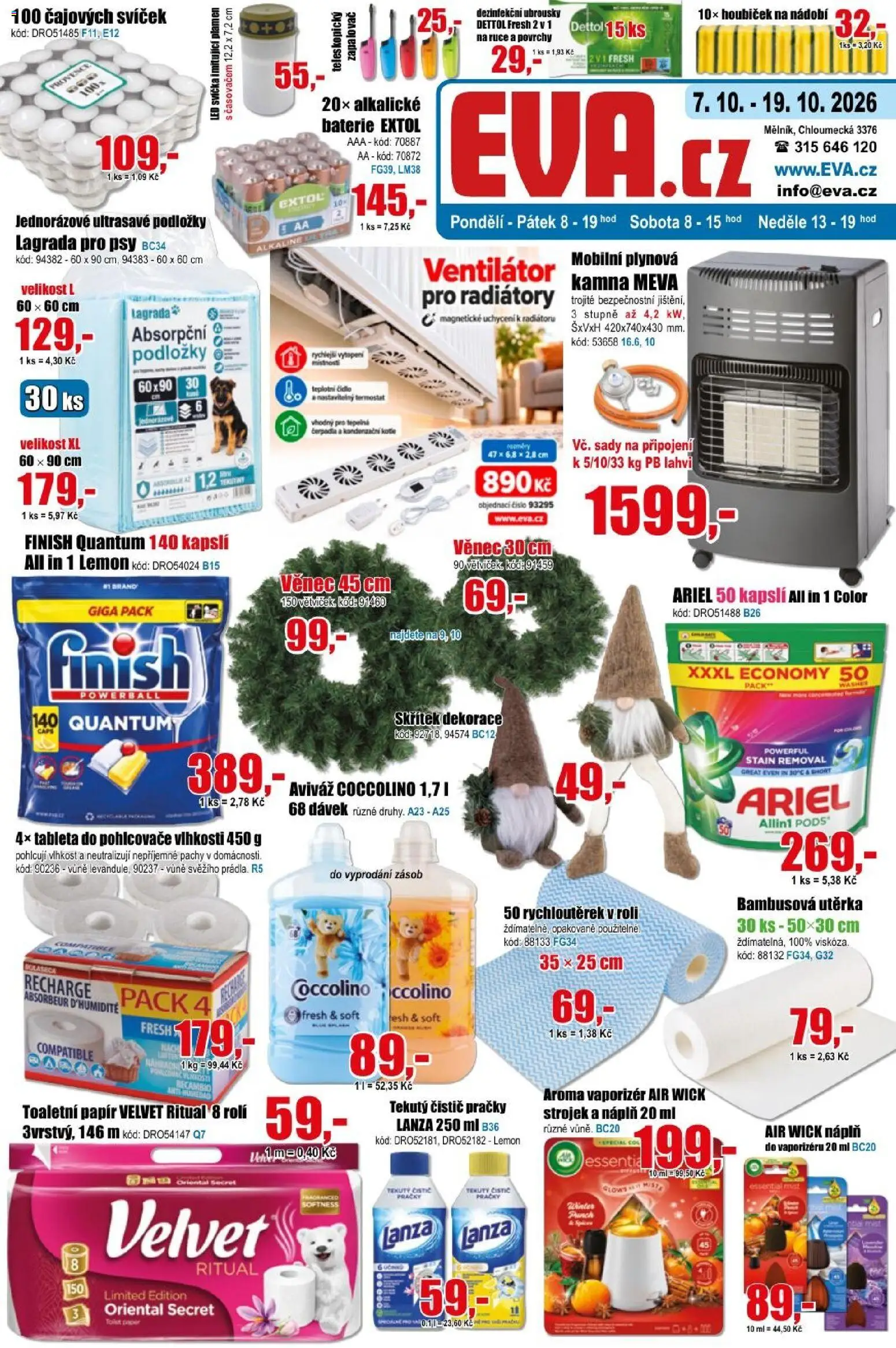 Náhled nabídky: Eva supermarket Eva supermarket leták platný od 07.10.2026 - Dekorace, Ventilátor, Baterie, Ariel, Aviváž, Coccolino, Ubrousky, Utěrka