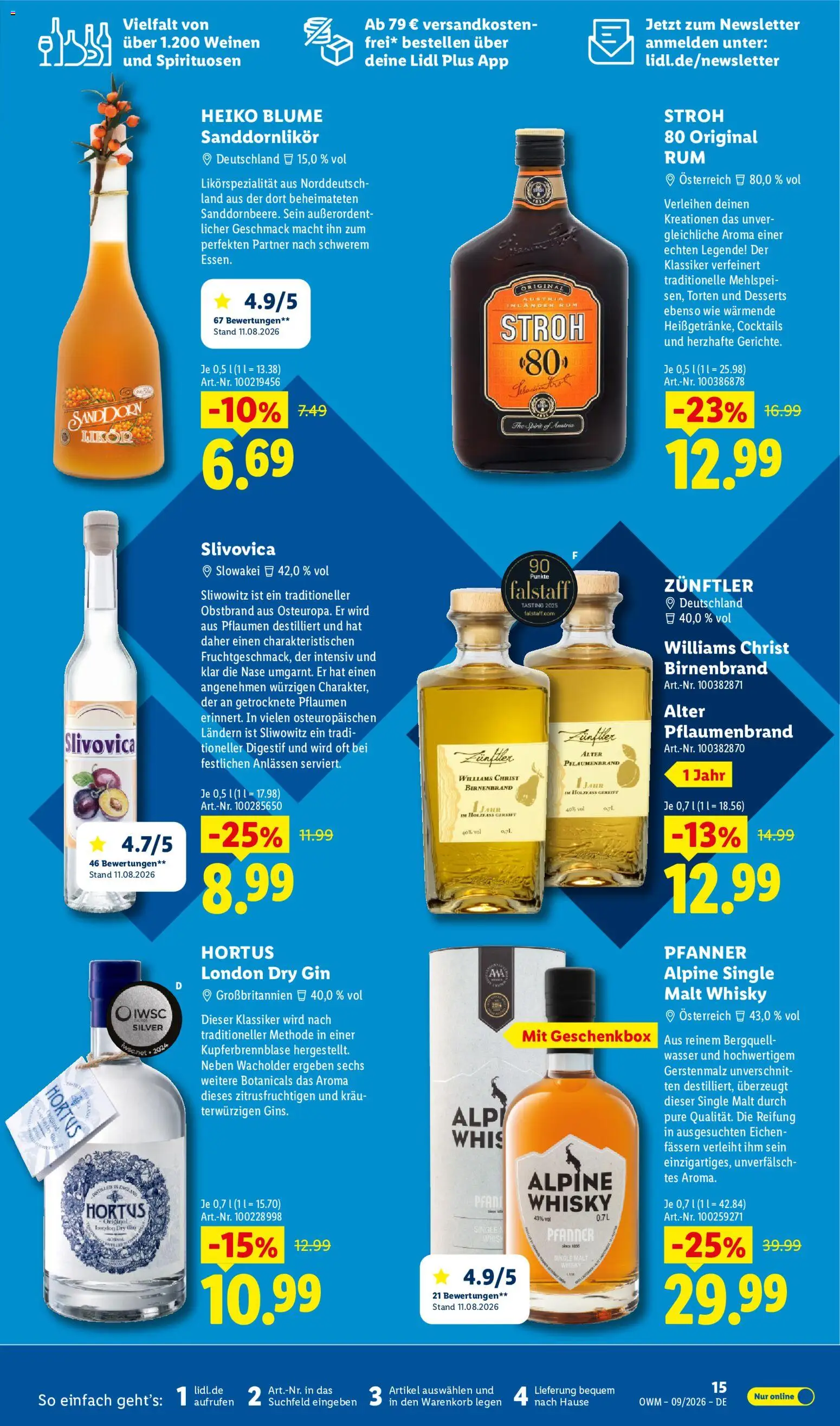 Vorschau von dem Prospekt des Geschäftes Lidl, gültig ab dem 01.09.2026 - Wasser, Whisky, Gin, Pflaumen, Sanddorn, Rum, Likör