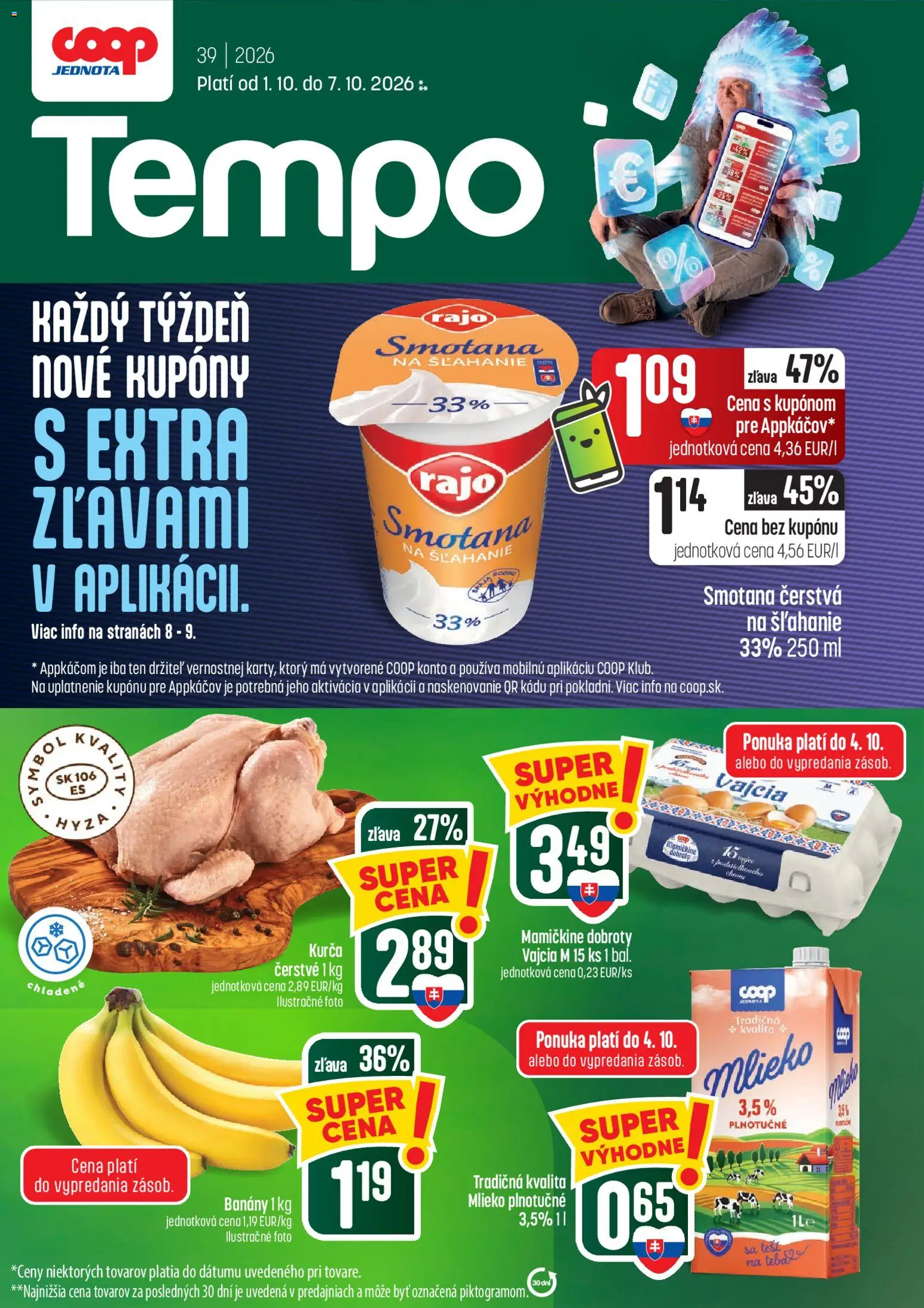 Náhľad COOP Jednota letáku platného od 01.10.2026 - Mlieko, Smotana na šľahanie, Vajcia, Smotana, Kurča, Banány, Vajcia M, Mlieko plnotučné