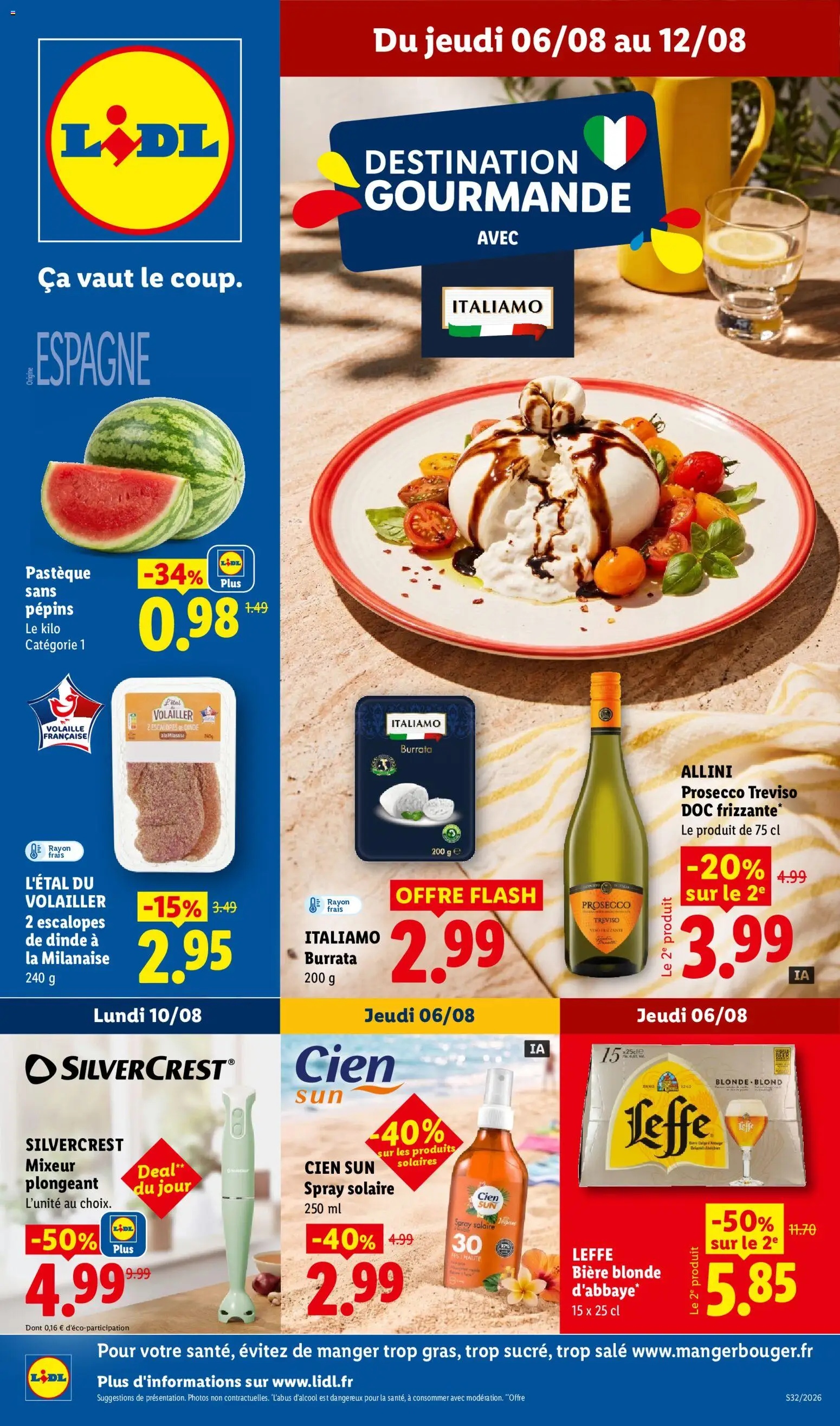 Prévisualisation de LIDL catalogue du magasin LIDL formulaire valide 06/08/2026 - Burrata, Blender, Mixeur, Pastèque, Dinde, Mixeur plongeant, Volaille, Escalopes