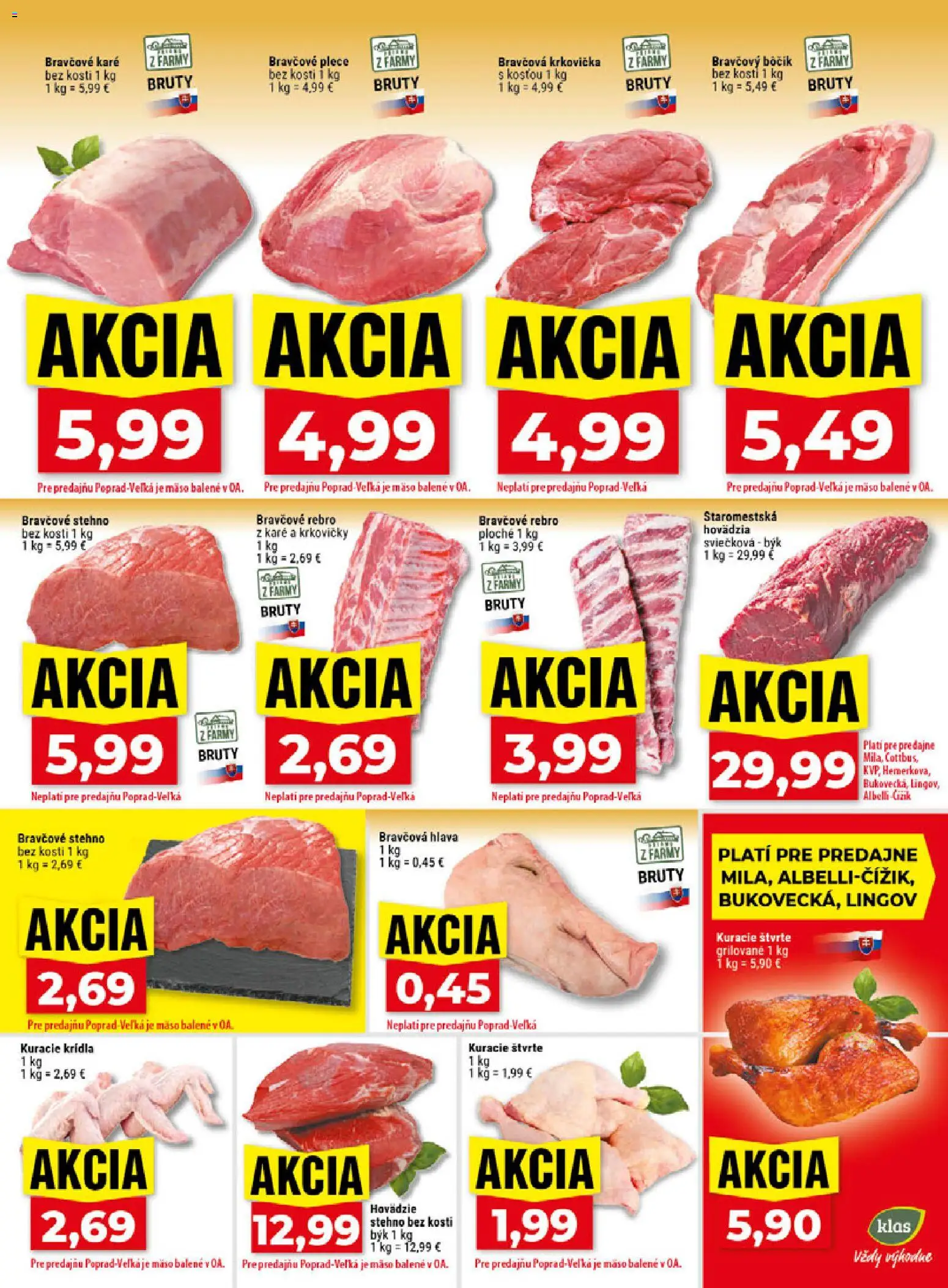 Náhľad Klas letáku platného od 26.10.2026 - Mäso, Krkovička, Bravčová krkovička, Kuracie krídla, Bravčový bôčik, Hovädzie stehno, Kuracie štvrte, Bravčové plece
