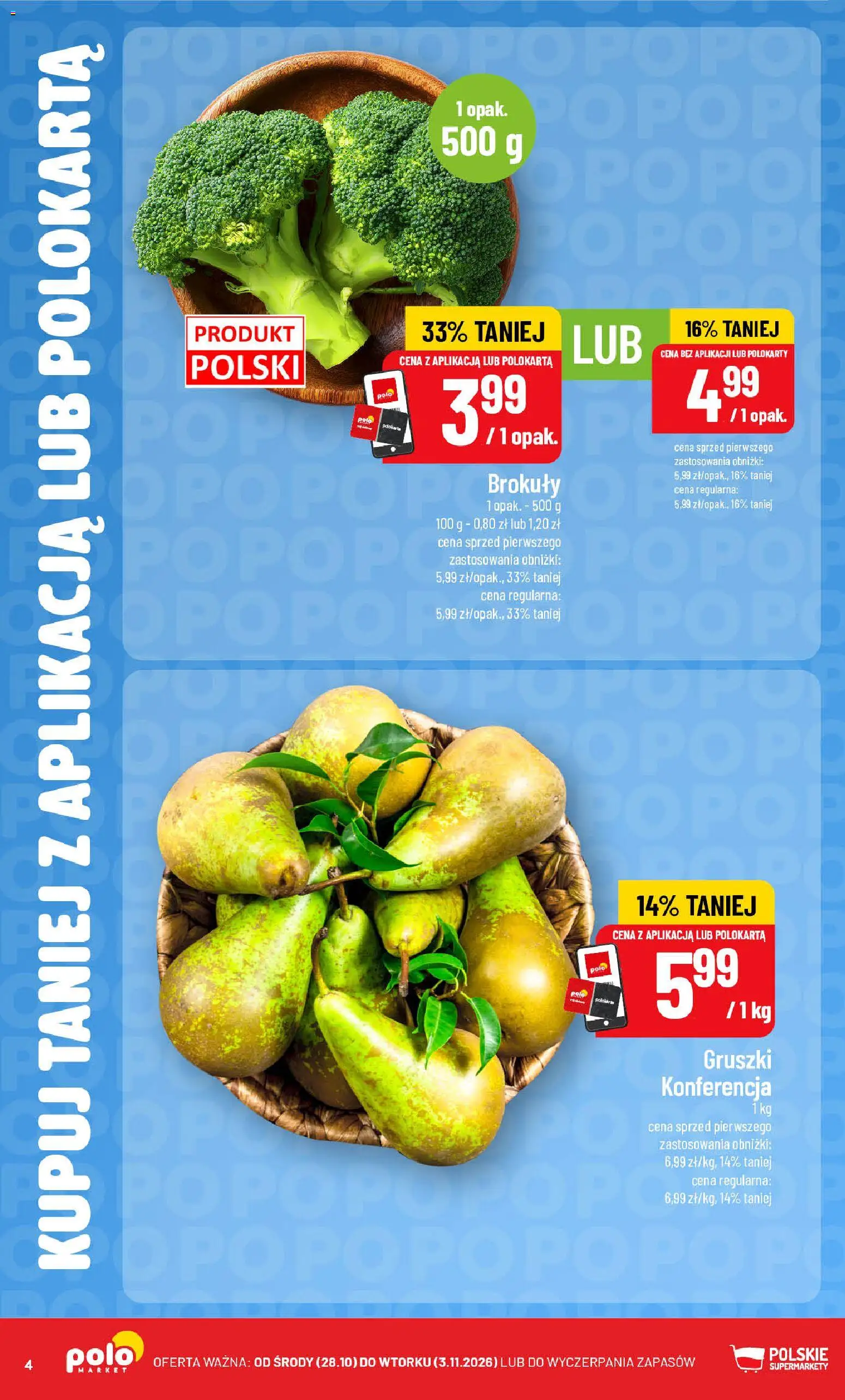 Pogląd gazetki "POLOmarket gazetka - Kupuj taniej" ze sklepu POLOmarket ważnej od 28.10.2026 - Gruszki, Brokuły