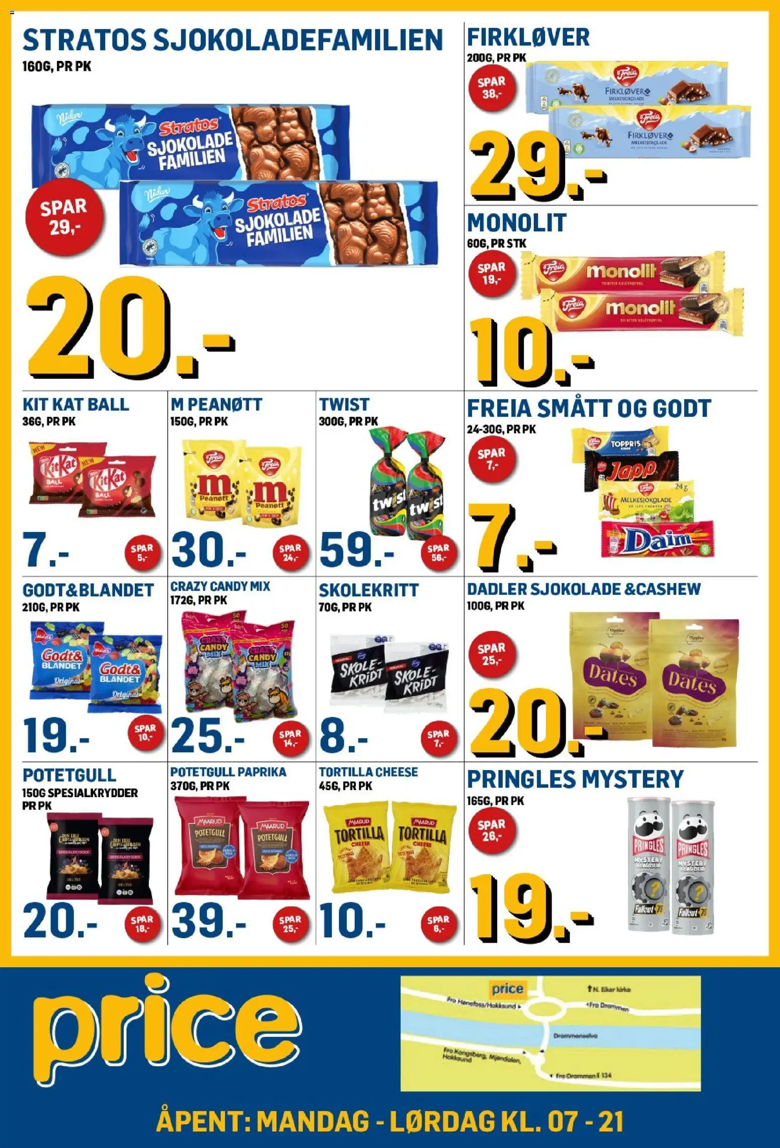 Forhåndsvis Price Lagerbutikk kundeavis fra butikk Price Lagerbutikk gyldig fra 09/10/2026 - Sjokolade, Paprika, Potetgull, Dadler, Twist, Tortilla, Pringles