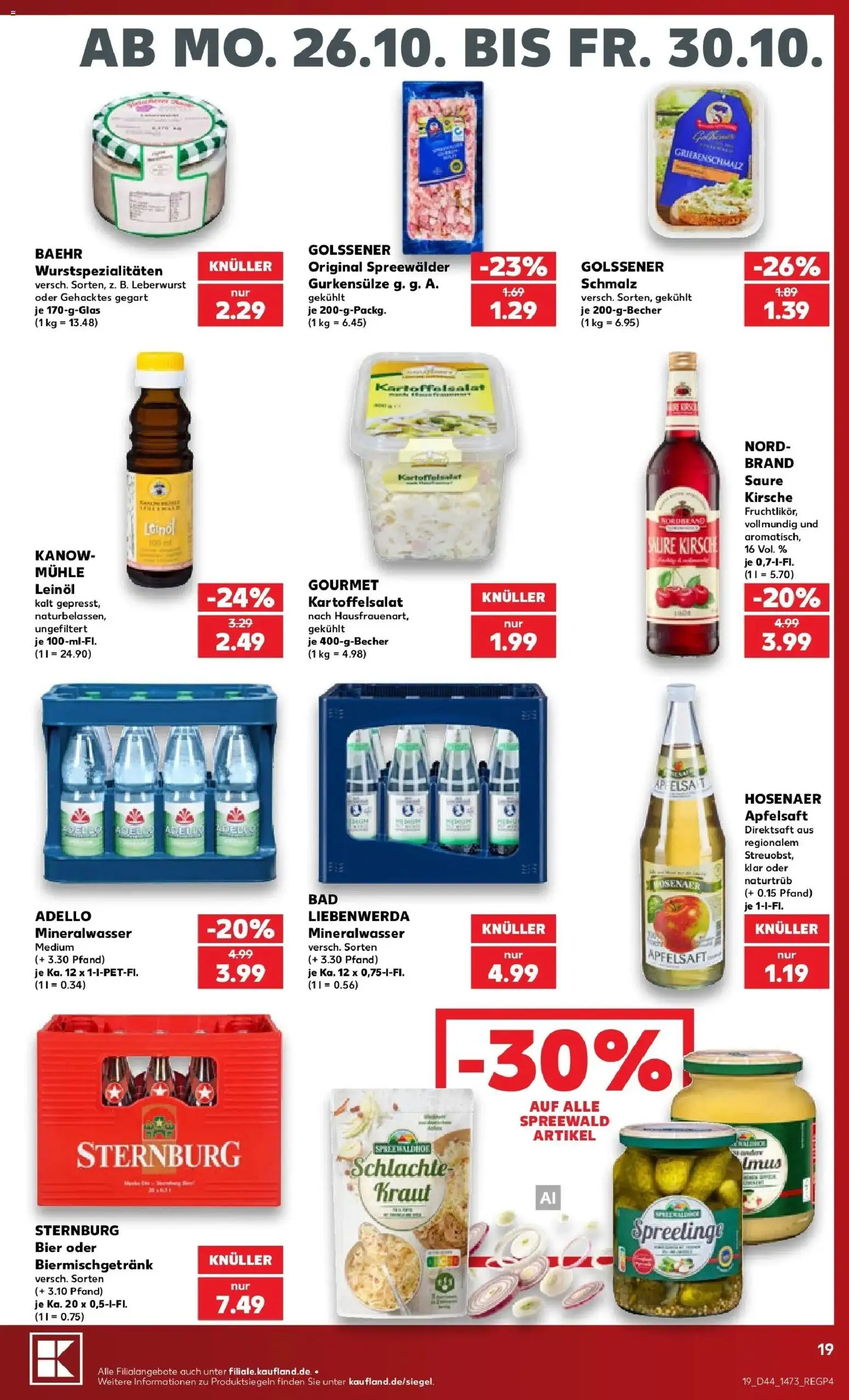Vorschau von dem Prospekt des Geschäftes Kaufland, gültig ab dem 26.10.2026 - Bier, Mineralwasser, Leinöl, Mühle, Apfelsaft, Kraut