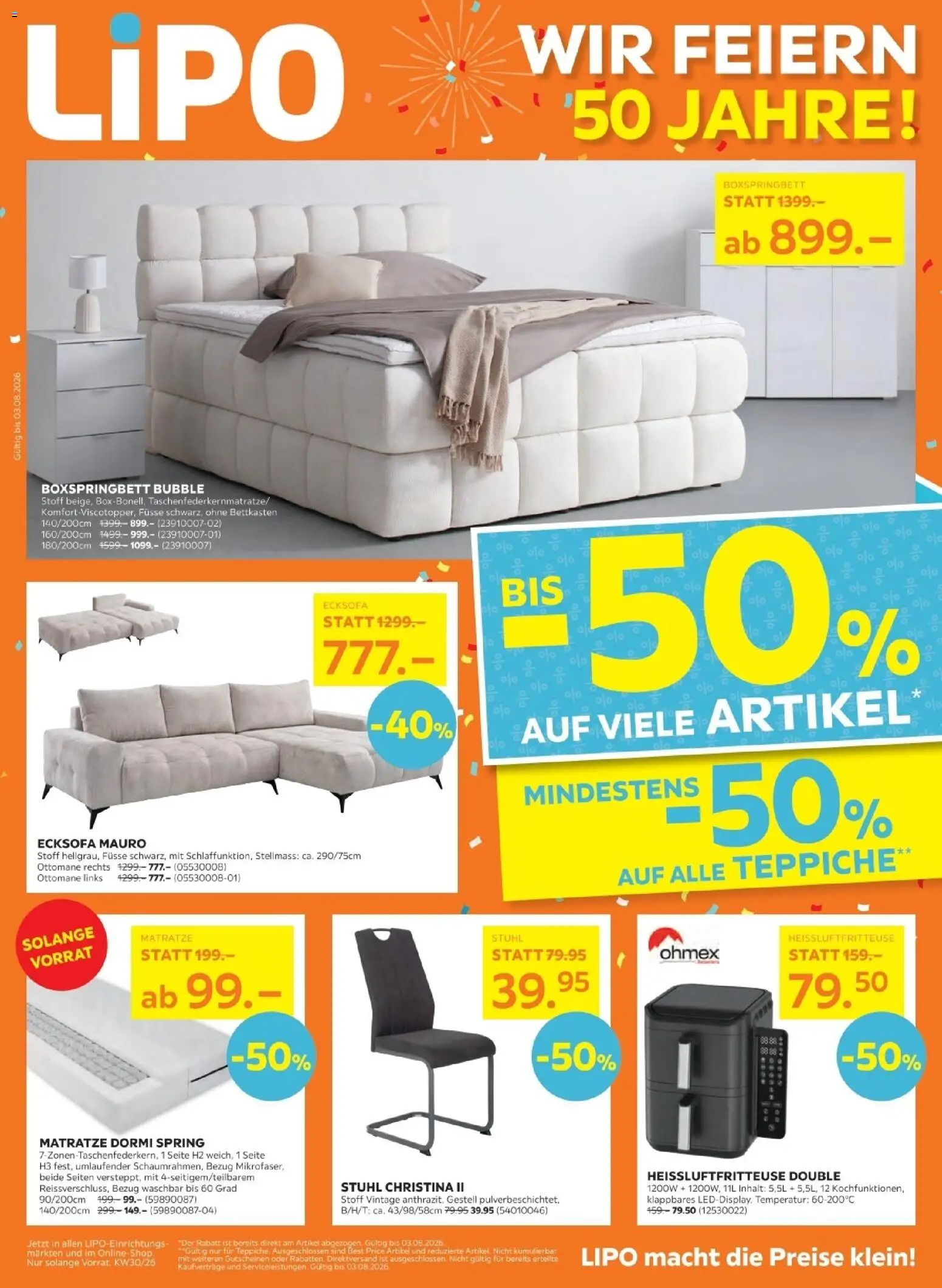 Vorschau des Merkblatts Lipo aktionen vom Shop Lipo gültig von 21.07.2026 bis 03.08.2026 - Matratze, Boxspringbett, Ecksofa, Heißluftfritteuse, Stuhl