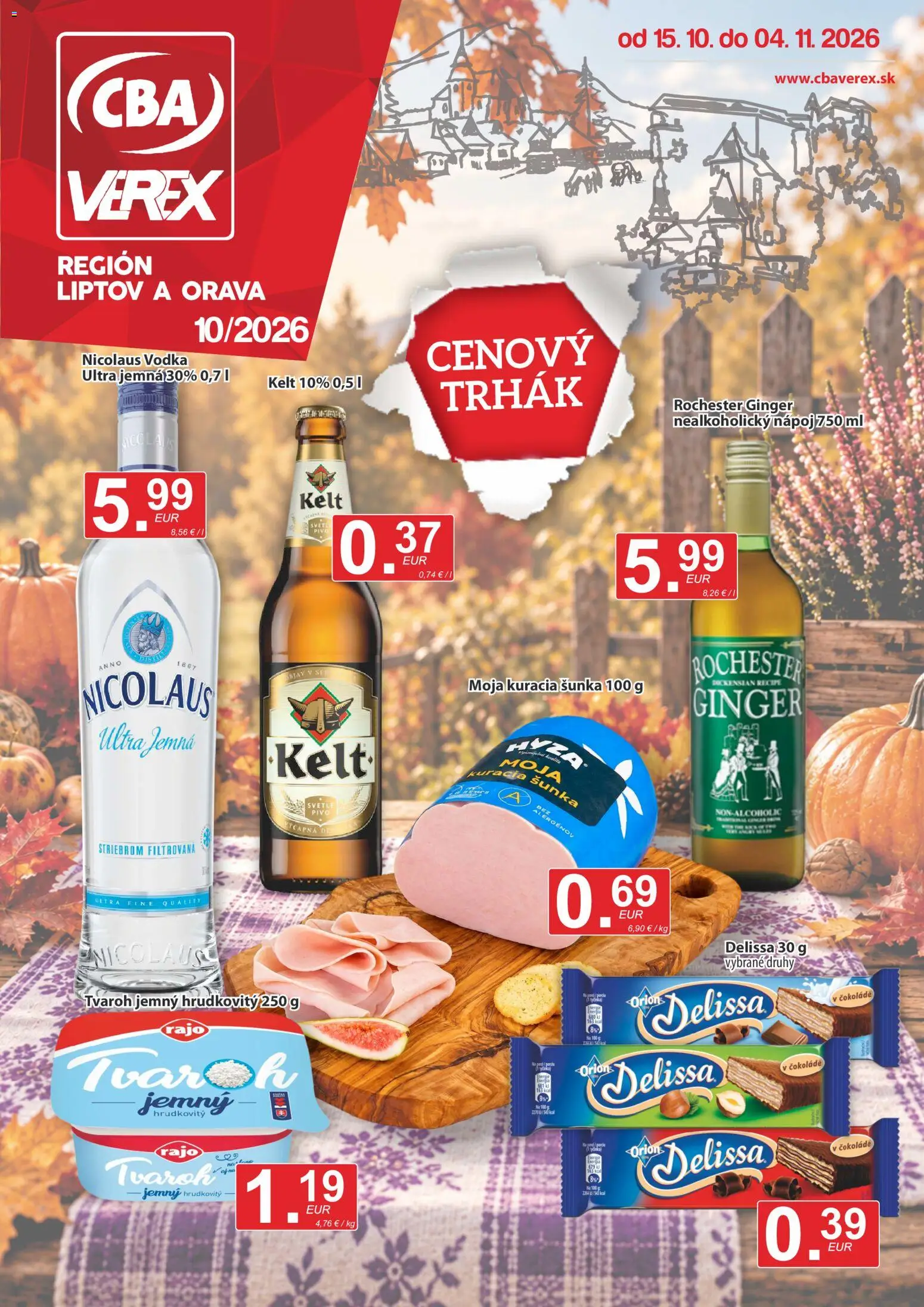 Náhľad CBA Verex letáku platného od 15.10.2026 - Pivo, Vodka, Tvaroh, Nicolaus vodka, Šunka, Kelt, Kuracia šunka