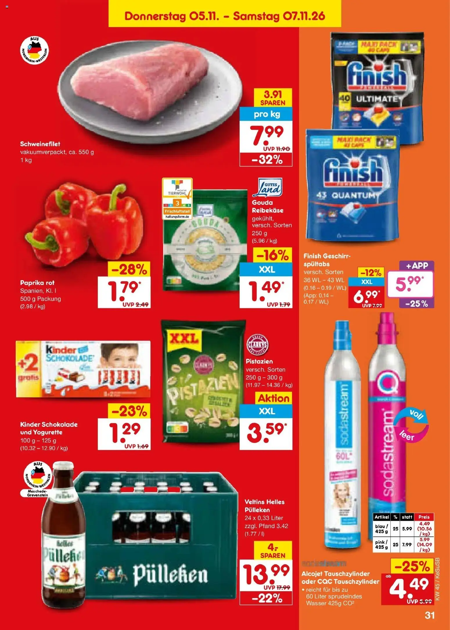 Vorschau von dem Prospekt des Geschäftes Netto Marken-Discount, gültig ab dem 02.11.2026 - Schokolade, Sodastream, Pistazien, Paprika, Schweinefilet, Yogurette, Paprika rot, Reibekase