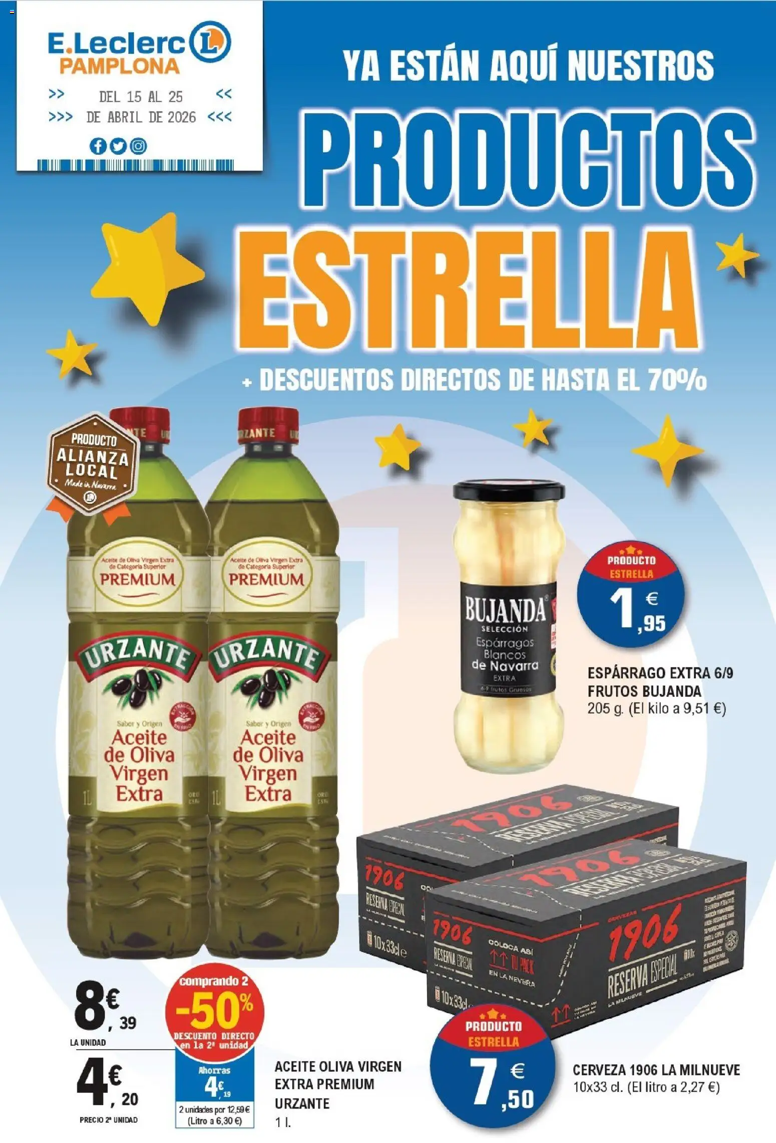 Vista previa del folleto de la tienda E.Leclerc válido desde el 15/04/2026 - Aceite de oliva, Cerveza, Nevera, Aceite, Aceite de oliva virgen extra, Espárragos