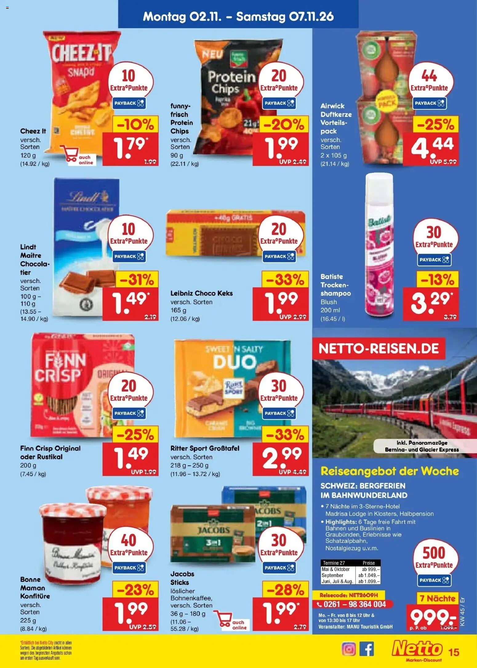 Vorschau von dem Prospekt des Geschäftes Netto Marken-Discount, gültig ab dem 02.11.2026 - Chips, Uhr, Lindt, Ritter sport, Shampoo, Blush