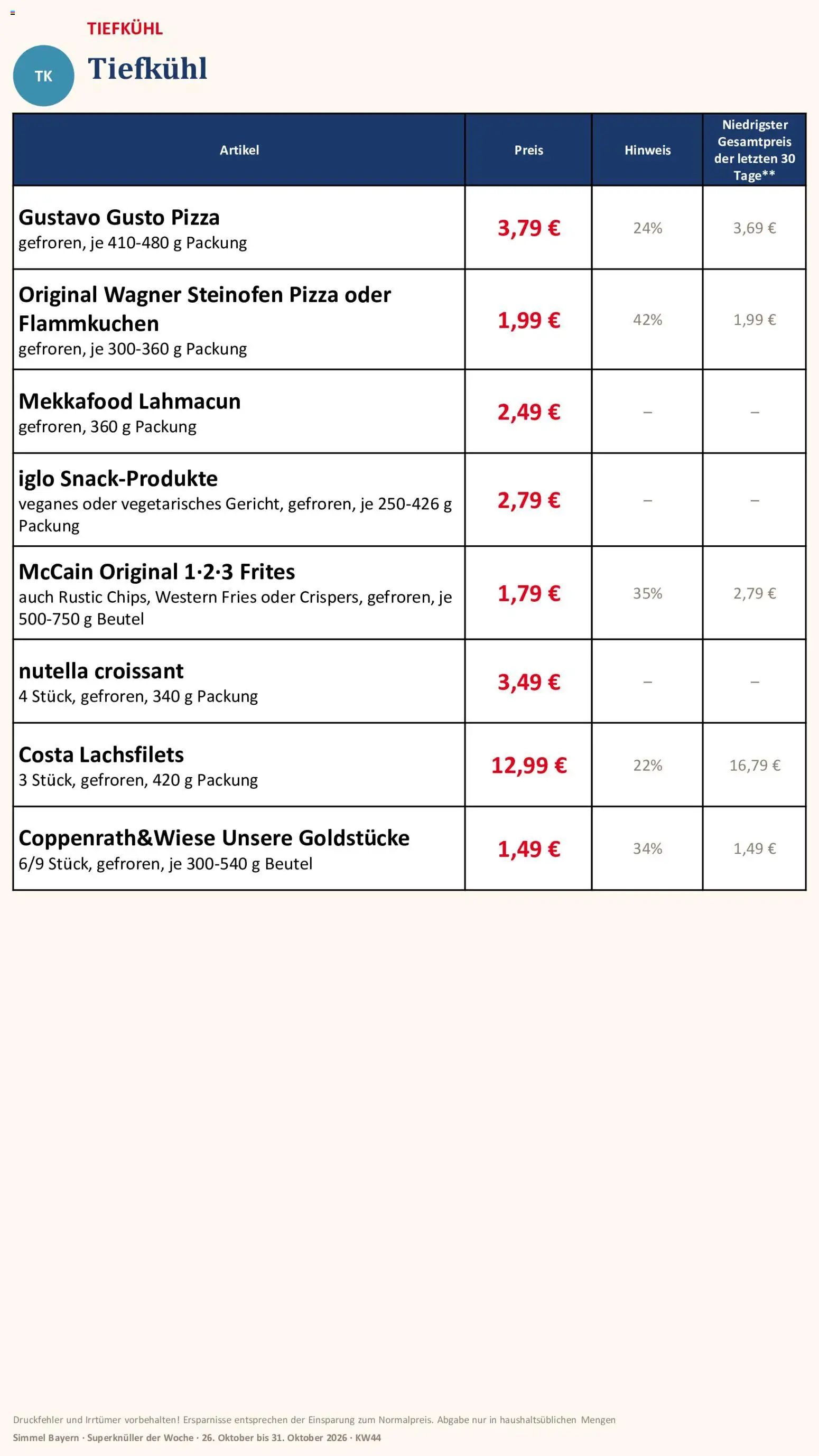 Vorschau von dem Prospekt des Geschäftes Simmel, gültig ab dem 26.10.2026 - Pizza, Croissant, Nutella, Gustavo gusto, Iglo, McCain