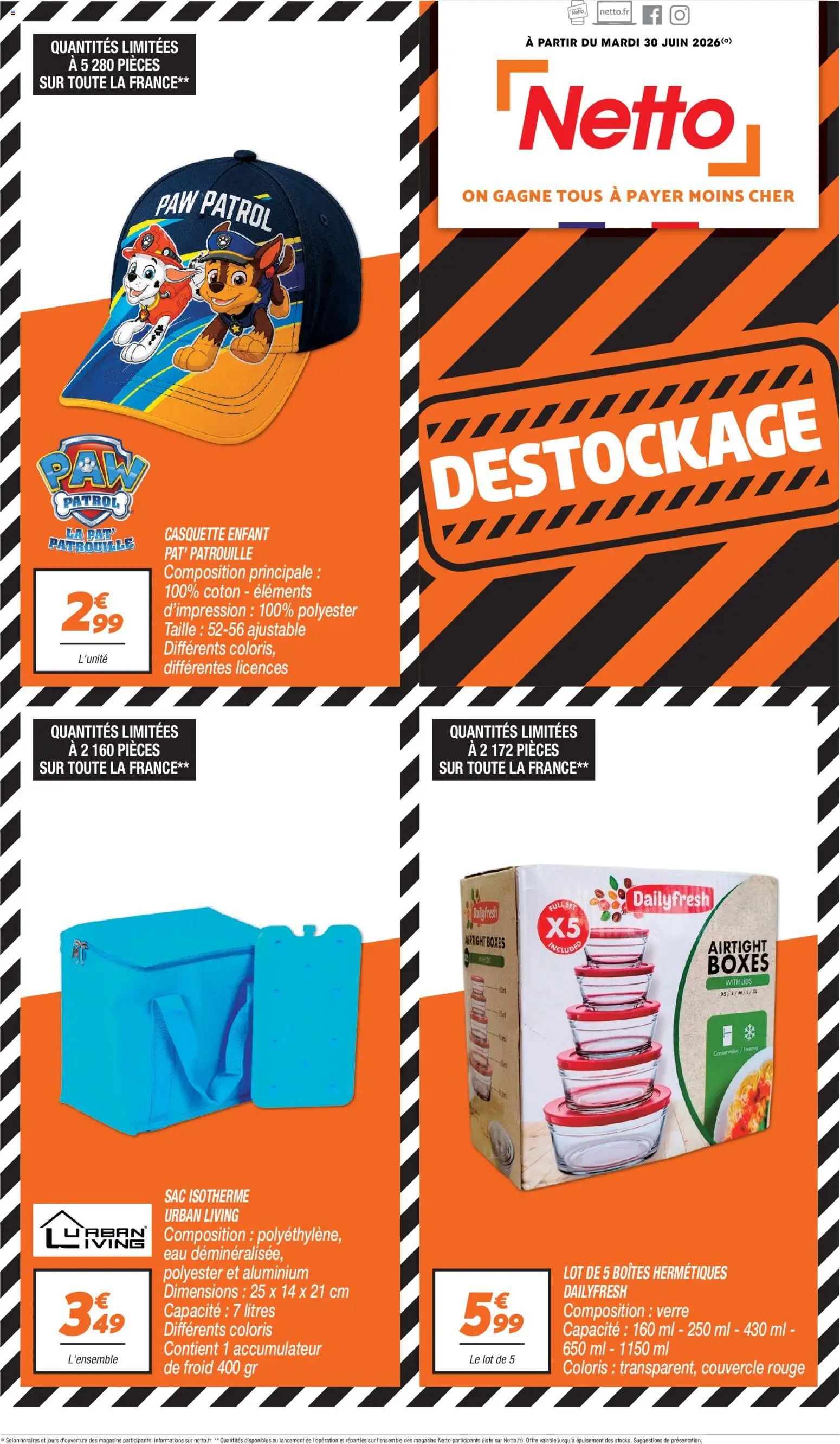 Prévisualisation de Netto - Destockage juillet du magasin Netto formulaire valide 30/06/2026 - Casquette, Sac, Sac isotherme, Coton, Couvercle