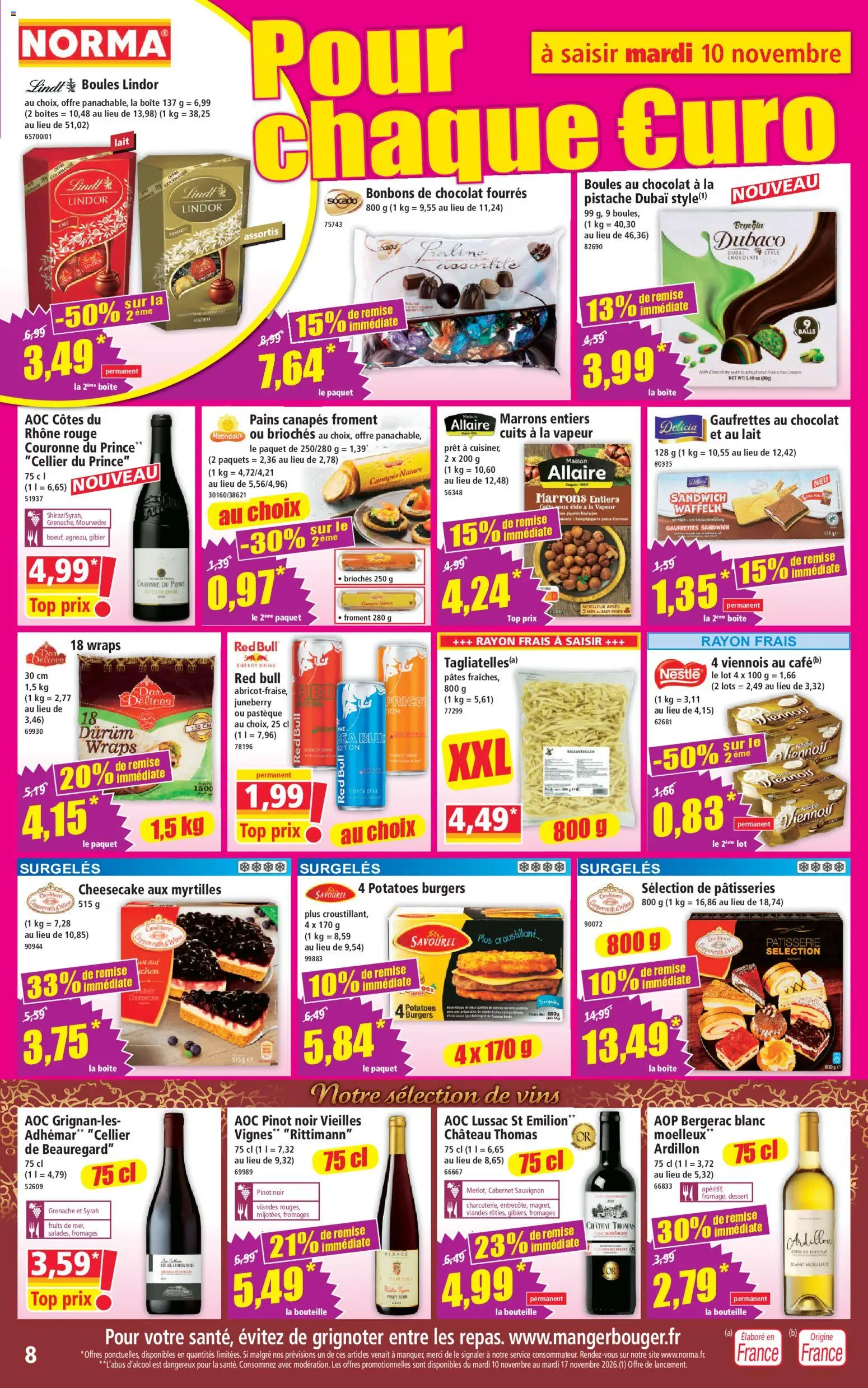 Prévisualisation de Norma catalogue du magasin Norma formulaire valide 10/11/2026 - Sandwich, Canapés, Myrtilles, Bouteille, Lindor, Cabernet Sauvignon, Marrons entiers, Canapes nature