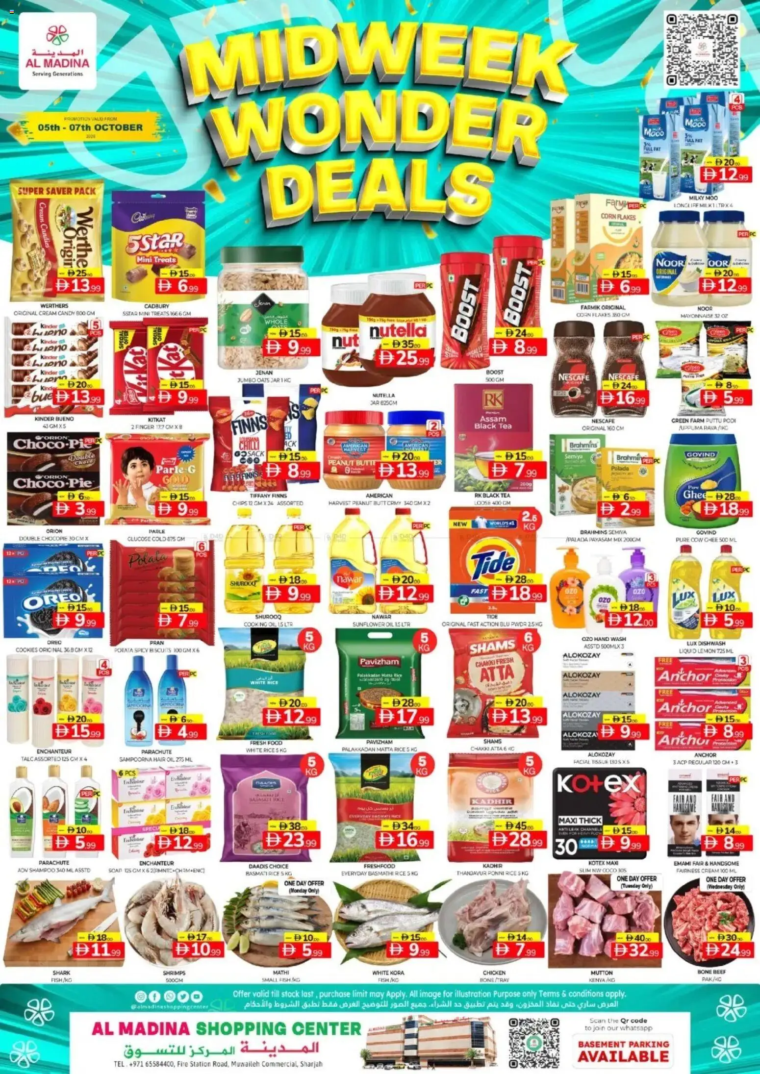 Preview of the catalogue Al Madina Midweek Wonder Deals of store Al Madina valid from 5 Oct, 2026 - Chicken, Corn, Stock, Biscuits, Rice, Cream, Flakes, Candies